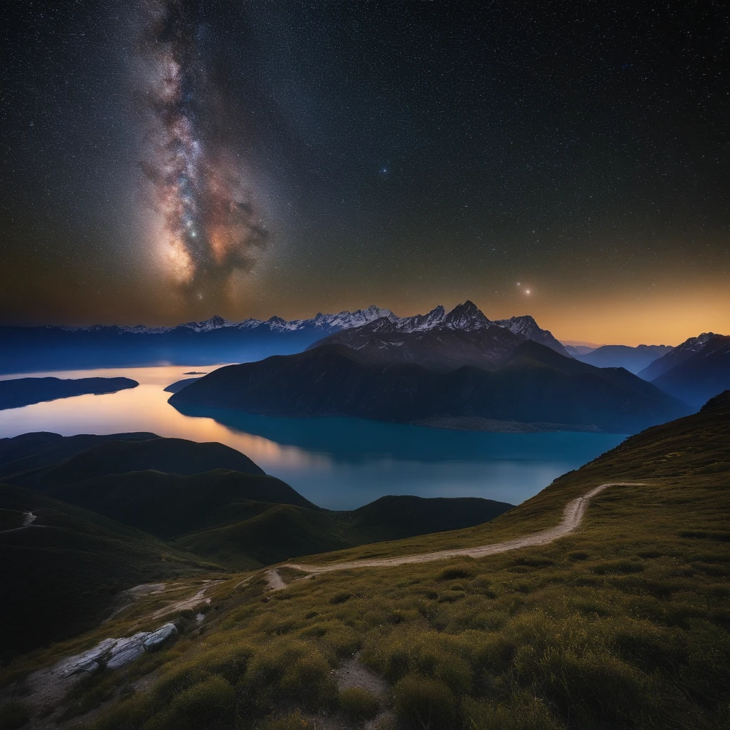 Master Parts、Superior Quality、superior image quality、The 8k quality、Beautiful pictures of the starry sky、magnifica、Arched Milky Way:1.9、snow mountains