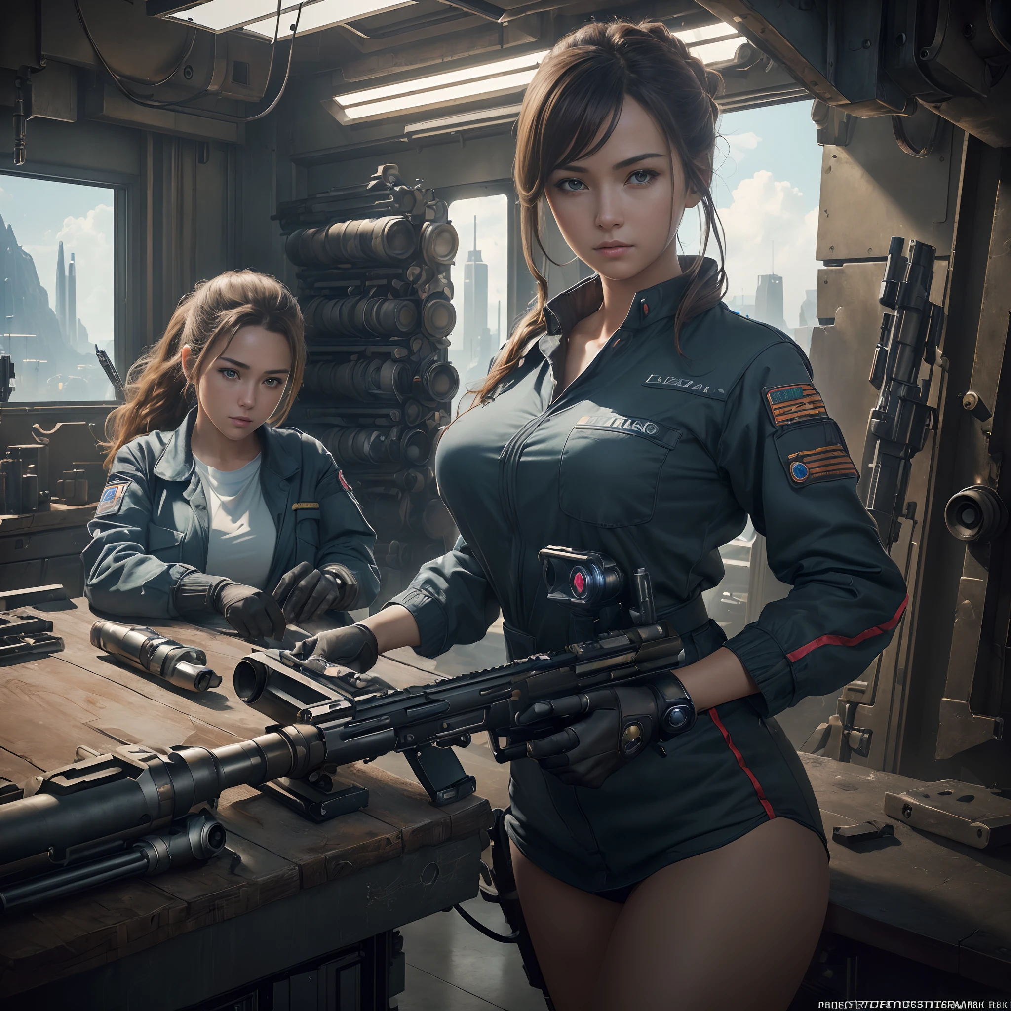 (Masterpiece:1.3), (8K, Photorealistic, Raw photography, Best Quality:1.4), (Ultra high Detailed), Mecha girl, details face, details hair, , (Beautiful girl mechanic wearing work clothes), (A mechanic maintaining a futuristic beam rifle in his workshop), (Place the gun on the table and maintain it), view from above