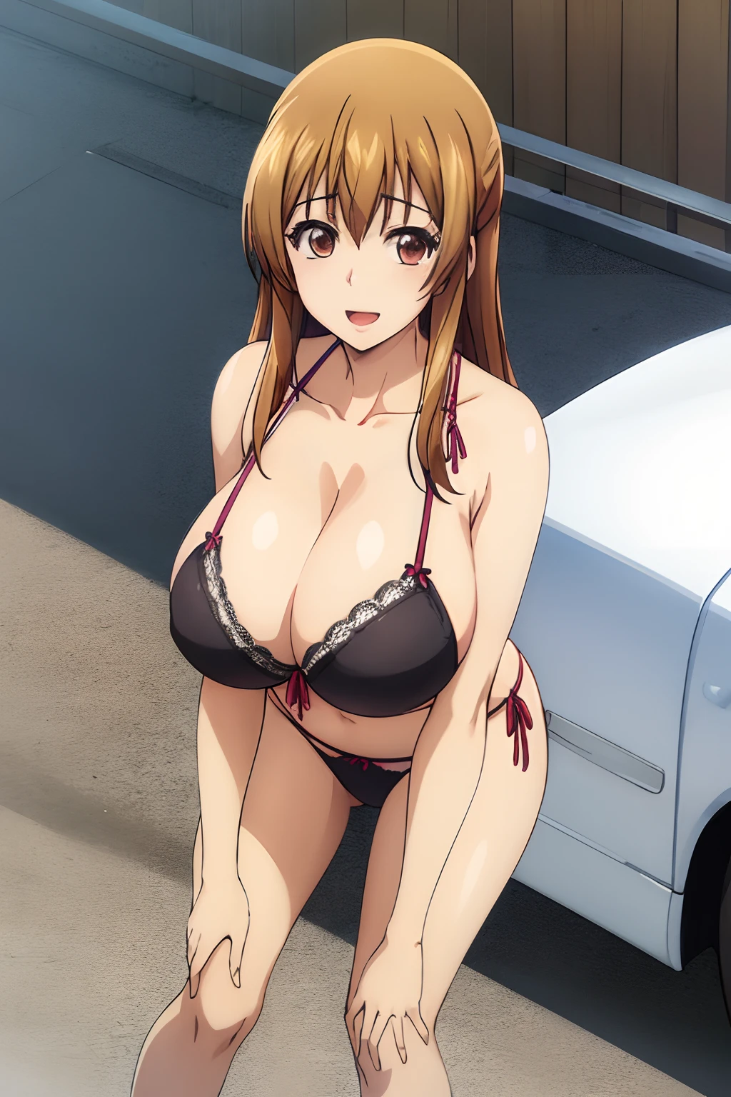 best quality, (masterpiece:1.2), highly detailed, street, 1girl, kotegawa nanaka, bra, panties, lingerie, looking at viewer, slight smile, open mouth, brown eyes, brown hair, long hair, bikini, (huge tits), cleavage, busty, fullbody, at room,