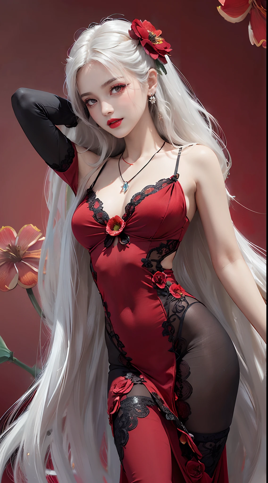 A beautiful and sexy 20 year old girl, ((wearing a super thin red dress:1.8)), dress with diamonds, ((long platinum hair:1.6)), bangs, elaborate jewelry made from stones noble and beautiful hair, ( (wearing black lace necklace:1.4))), noble, noble style of an extremely beautiful girl, super cute small face, very pretty face, eyebrows sparse, beautiful, flawless face, ((black eye pupils: 0.8) )), very beautiful eyes, ((light red eyes: 1.5)), beautiful makeup and hair, detailed eyelashes, makeup wet eyes, high nose, earrings, red lips, ((closed mouth: 1;5 )) beautiful lips, slim hands, most beautiful thighs, ((arms spread out to the sides: 1.5) ), pink face proud, clean face, flawless beautiful face, smooth white skin, (big breasts: 1.5)), ((high breasts: 1.6) ), firm breasts, beautiful cleavage, (((big and super breasts round: 1.8))), ((super tight breasts: 1.7)) , beautiful breasts, back sleeves, exposed chest, thin black mesh stockings with black lace border, 8k photo, super high quality, super realistic, super 10x pixels, optical study, light studio, edge light, two-tone light, (high detail skin:1.2), super 8k, soft light, high quality, volumetric light, optical, high resolution optical , lighting, best photo, 4k, 8k quality, blur effect, smooth sharpness, 10 x pixels, ((red flower background:1.7)), aurora, lightning, super realistic graphics, map most realistic painting, alone, solo, extremely sharp image, surreal, upper body girl, (((frontal portrait: 1.6)))."