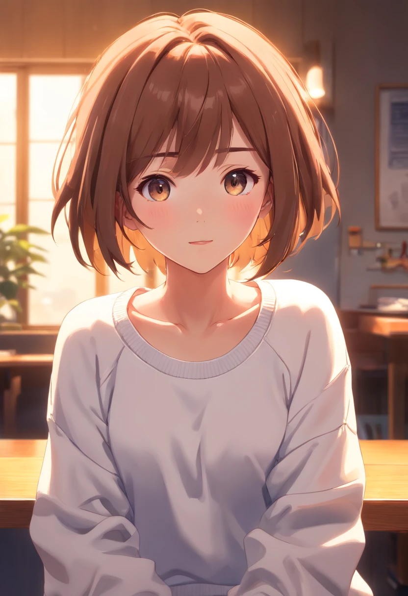 ((of the highest quality, 8K,Raw photo)), (Realistic, Photorealistic: 1.37), (Face Focus: 1.1), Small breasts, flat chest, Short hair, A Japanese Lady、20yr old、Japan idol system、(white sweatshirt: 1.1)、Skirt, Sitting, Arms up, From below, Sunlight, Movie Lighting,