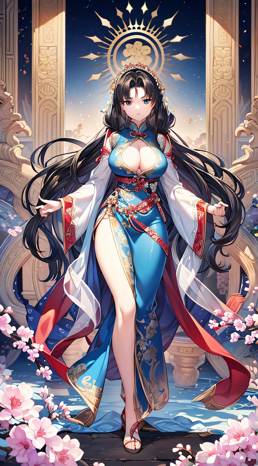 wuxia girl, wuxia dress, full view, princess, black hair, 1 woman only, age 28, big breasts, clothes covering legs, ((best quality)), ((masterpiece)), ( extreme detailed, highest detailed, official art, beautiful and aesthetic:1.2)