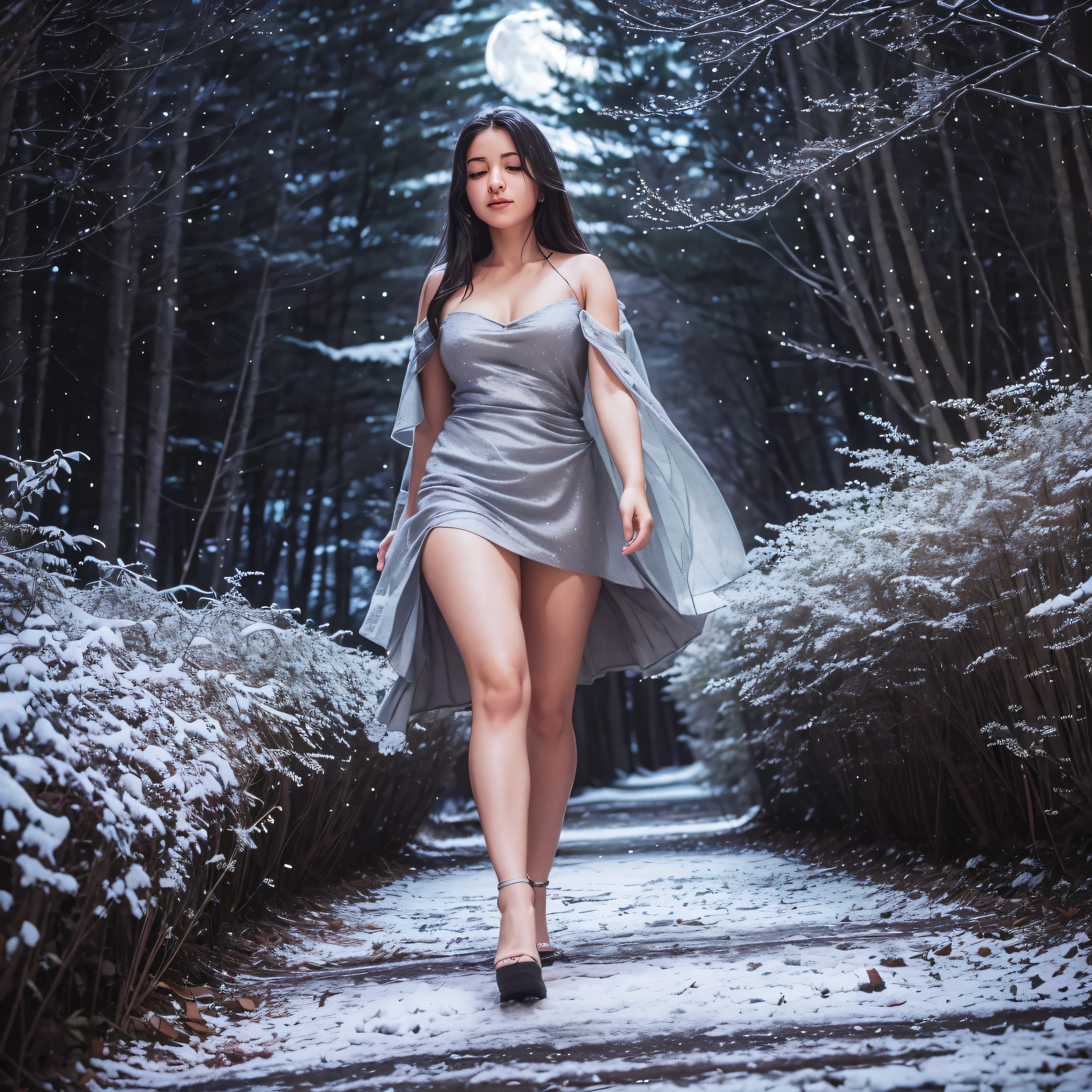 Under a starlit sky, Mila walks through a snow-covered forest, the trees casting intricate shadow patterns on the ground. The moon, full and bright, adds a silvery glow to the scene, making the snow sparkle like a sea of diamonds.
Color: Starry Black, Silvery White, Midnight Blue, Forest Green
Glow Effect: Silvery moonlight
Negative Prompt: How might the darkness of the night intensify Mila's feelings of uncertainty?