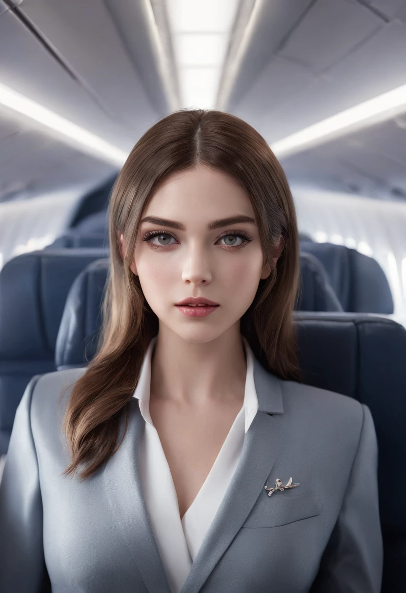 best quality, masterpiece, 8k, ultra high res, (photorealistic:1.4), highly detailed, intricate detail, delicate and beautiful, good lighting, professional lighting, sharp focus, detailed shadows, exquisite details and textures, depth of field, unity 8k wallpaper, cinematic composition, cinematic lighting, official art, Cabin Crew, flight attendant, black pantyhose, (aircraft, (Aircraft Corridor), Aircraft seats) beautiful elegant face, detailed face, detailed eyes, realistic hair, long hair, (1girl), (standing:1.3),