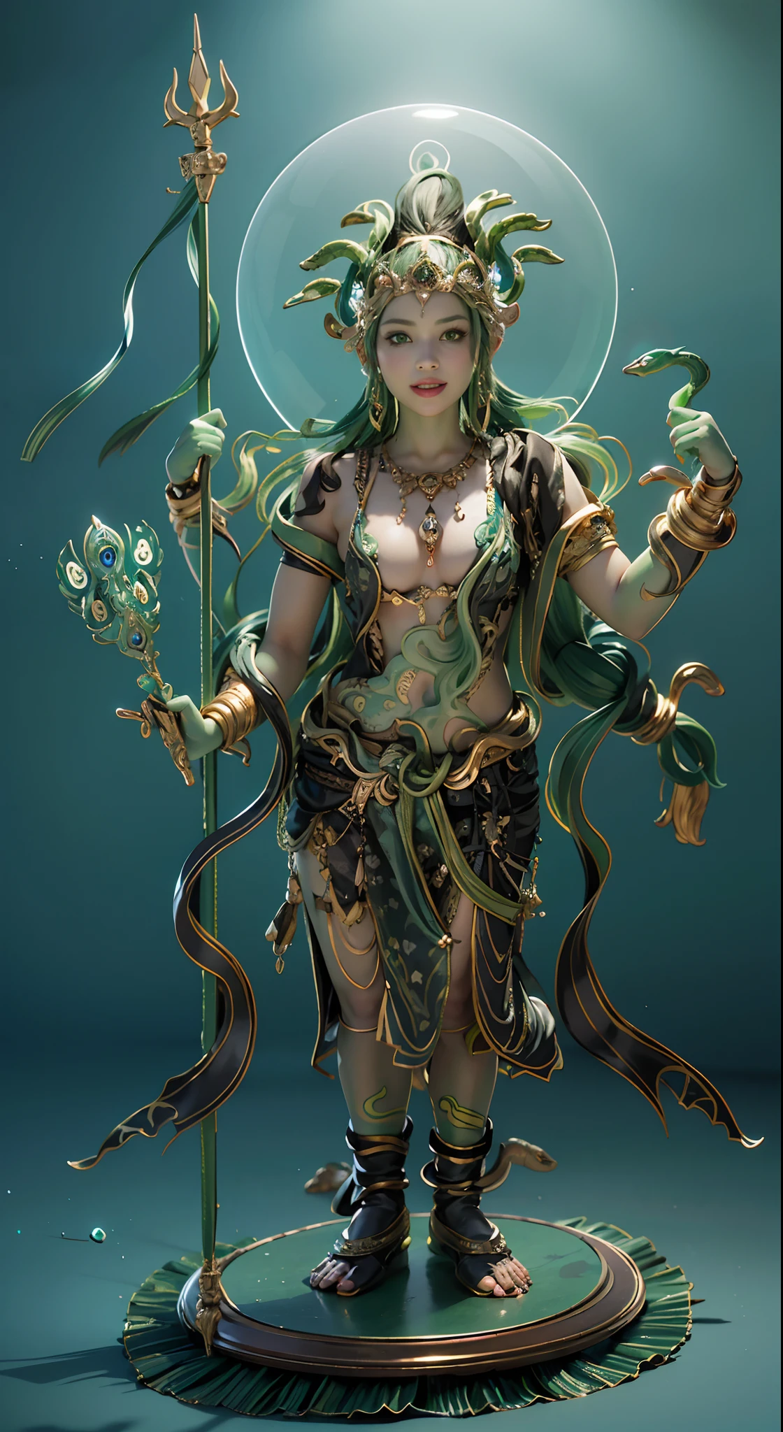 32K（tmasterpiece，k hd，hyper HD）,Best quality, Ray tracing, Rainbow reflections, Bright colors, Authentic, Super detailed, 8K, intricate elegant, Fantastical, Detailed, Designed by Greg Rutkowski and Alphonse Mucha, All-round illumination, Avatar，(((Green skin)))A ddler, Cute, Laughing, 10tand in a valley full of flowers，(((Green skin)))，Long flowing black hair，Gem Necklace，Exquisite headdress，Long hair hanging down the shoulders，There are six snakes on top of their heads，Snake in hand，The body is decorated with snakes，Four arms，A snake wrapped around his wrist，The ankles are wrapped around the snake，（The union of man and black snake），Solo, The waist is((deerskin)), The upper body is covered（deerskin）, Holding a fan made of peacock essence in his hand， Trident weapons, Streamers，shaded_face, Pretty big breasts，(((Head background with round light)))，Behind it is the sun，Bright sky，Sunny picture，offcial art, (Extremely detailed CG unifies 8K wallpapers), (Photorealistic:1.4), (Masterpiece), (Best quality:1.2)，Light and shadow tracking，Super HD， A high resolution， the detail， RAW photogr， Sharp Re， Nikon D850 Film Stock Photo by Jefferies Lee 4 Kodak Portra 400 Camera F1.6 shots, Rich colors, ultra-realistic vivid textures, Dramatic lighting, Unreal Engine Art Station Trend, cinestir 800，