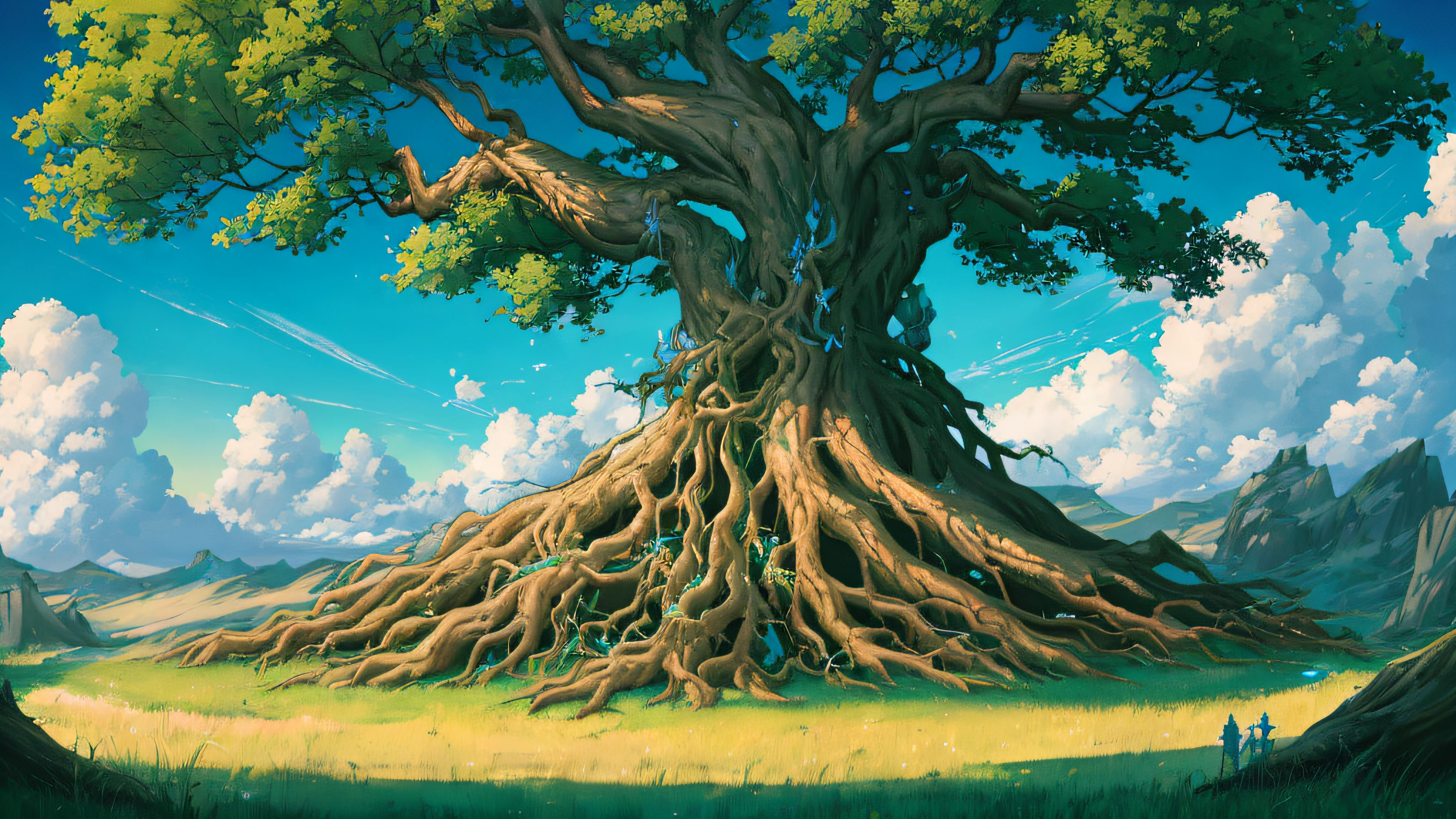 big view , from foundation to top of the tree , On a vast land you will see a beautiful picture. The green grass stretches endlessly, creating an extremely beautiful scene. The focal point of this scene is an old tree with a wide, shady canopy. This ancient tree stands alone in the middle of the mound, creating prominence and nobility.
Under the canopy of an ancient tree, there was a traveler resting. He wears medieval-style clothing, with a long cloak and a top hat. Next to him, there was neatly packed luggage, with a cover arrangement, reflecting the care and sophistication of his journey.
The vast blue sky is the background surface for this entire painting. White clouds float across the sky, creating an intriguing effect with the sunlight shining through them, casting shadows and highlights on the ground. The whole scene looks extremely harmonious and peaceful, where journeys are being recorded and travels are being made in this beautiful world.