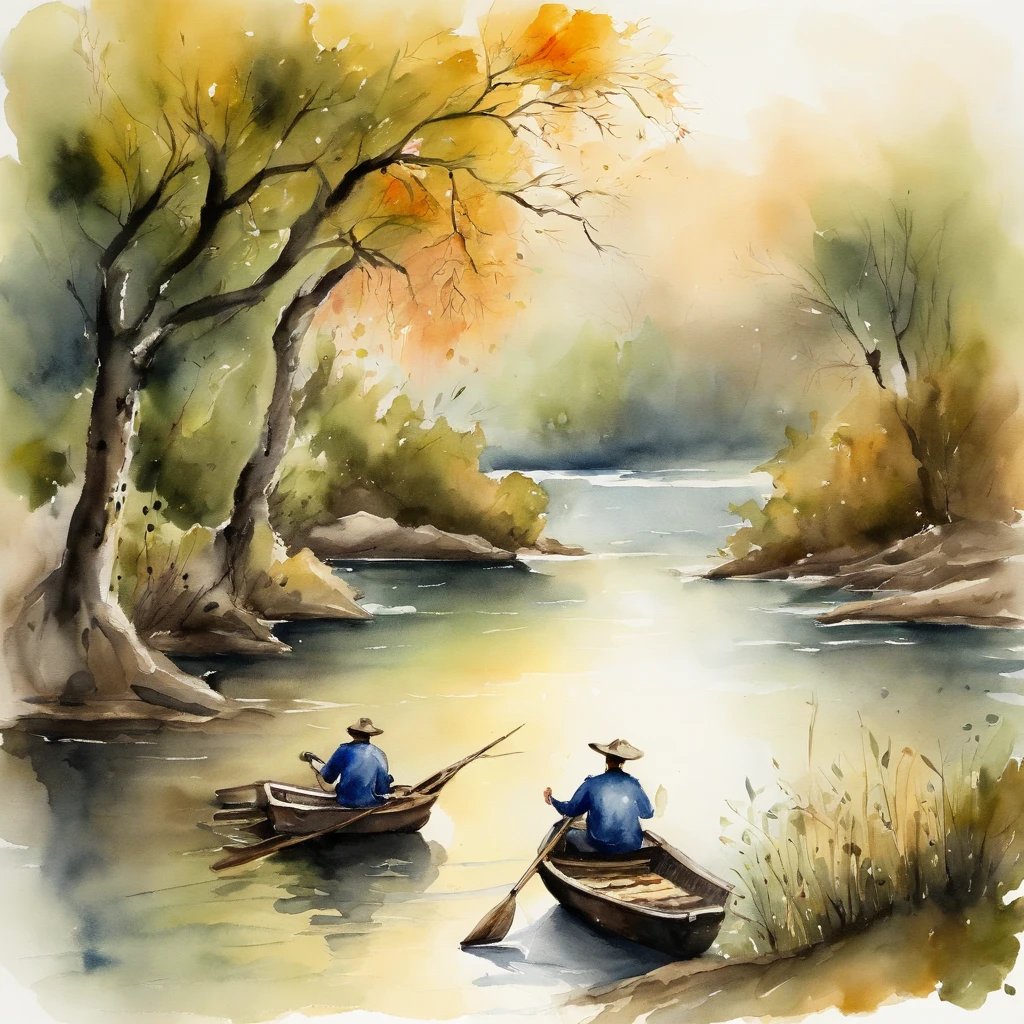 A father and son sit in a small boat，Small boats rowing on the river，Willow trees on both sides，fishing, chinese ink brush