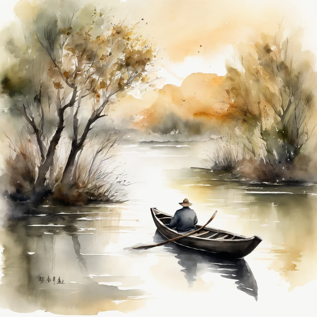 A father and son sit in a small boat,Small boats rowing on the river,Willow trees on both sides,fishing, chinese ink brush