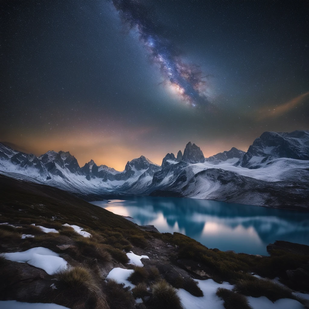 Master Parts、Superior Quality、superior image quality、The 8k quality、Beautiful pictures of the starry sky、magnifica、Arched Milky Way:1.9、snow mountains