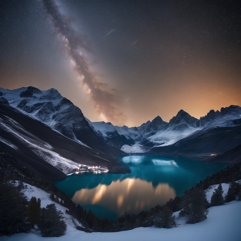 Master Parts、Superior Quality、superior image quality、The 8k quality、Beautiful pictures of the starry sky、magnifica、Arched Milky Way:1.9、snow mountains