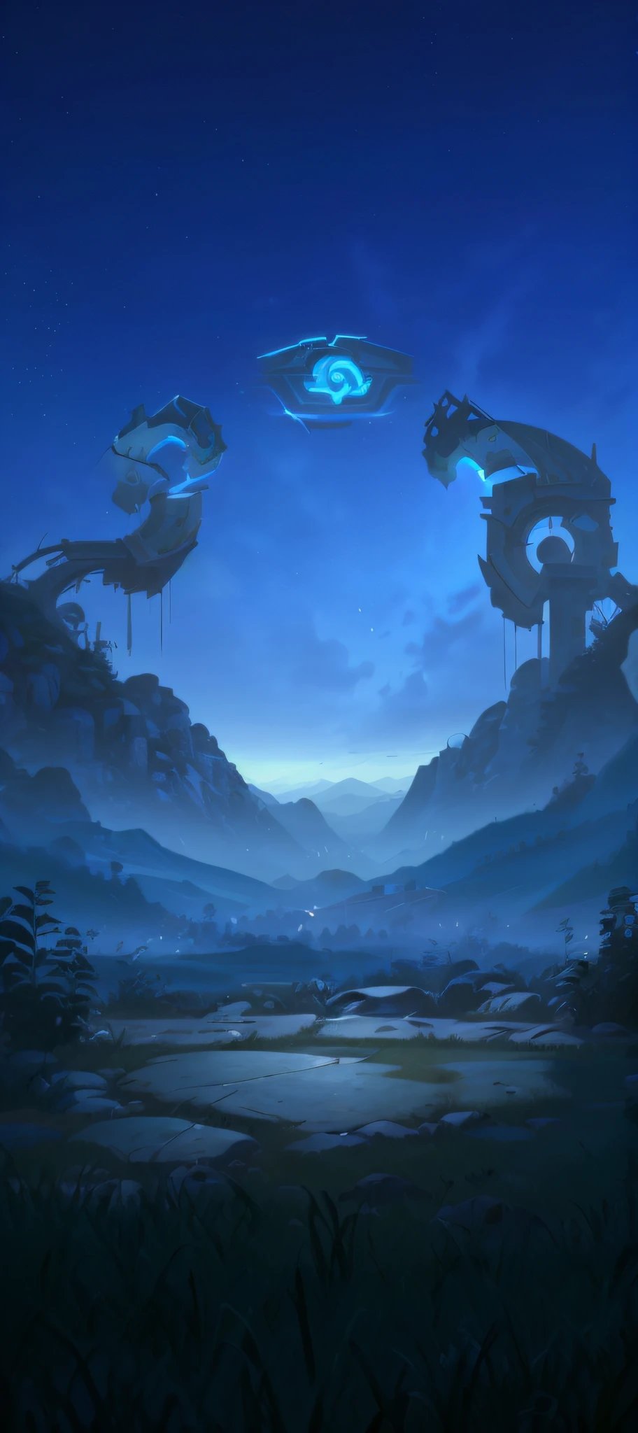 nighttime scene,Forest mountains,lawns,Stone platform,background-image,league of legends art style,unreal engine rendered