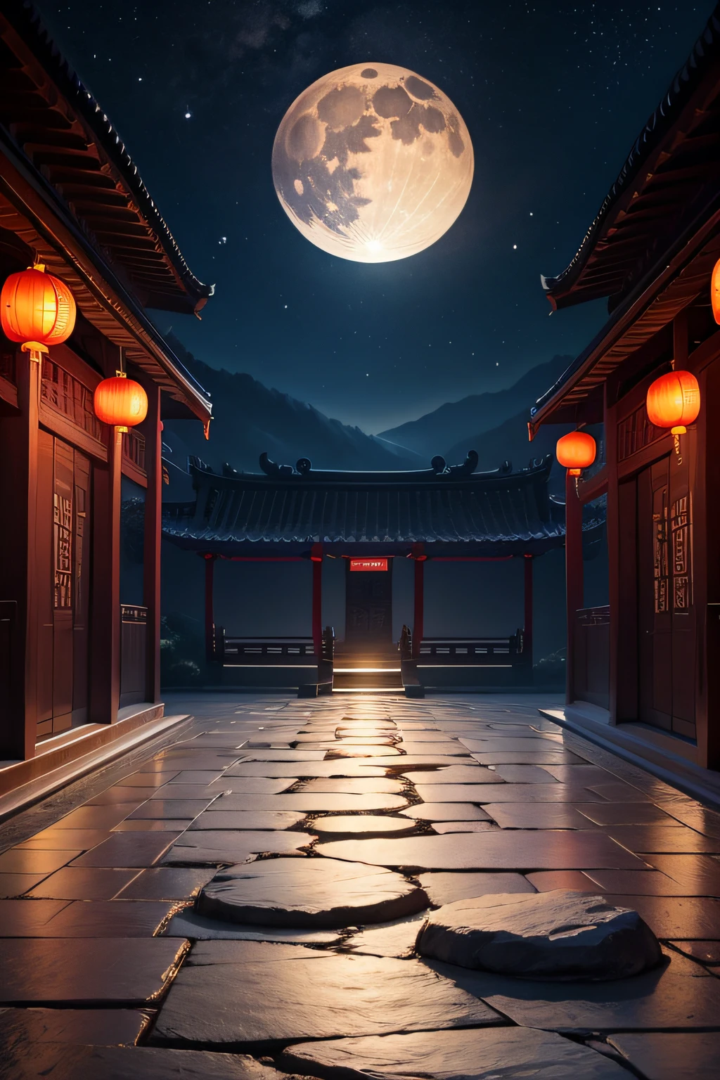 Chinese Mid-Autumn Festival，Night sky，large moon，A large area of stone floor nearby