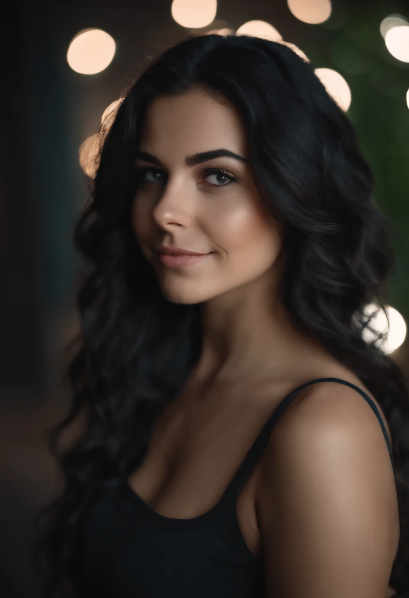 American girl of 18, video gamer, wearing translucent short T-shirt, black hair, ((blush: 0.8)), natural skin texture, 4K textures, highly detailed, insane details, faint colors , ((long wavy hair)), ((smile on face: 0.4)), (no panties: 0.2), ((looking directly at the camera)), ((tilted head: 0.8 )), ((small breasts:1)).