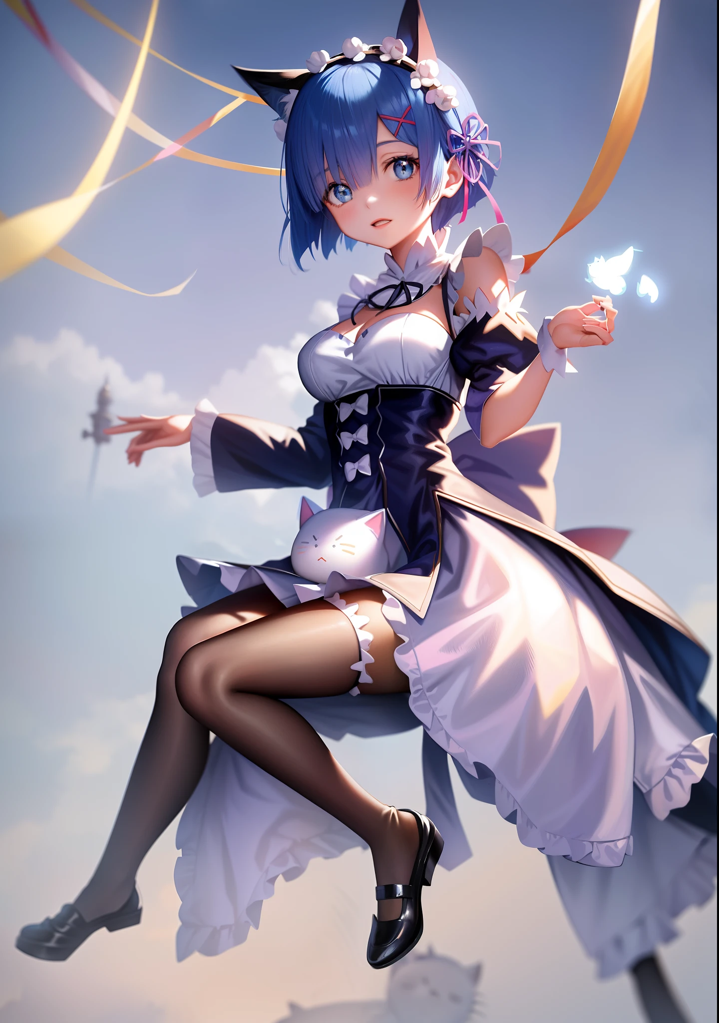 anime girl with blue hair and white dress holding a stuffed animal, Rem Rezero, short blue haired woman, Rei Ayanami, ayanami, Anime moe art style, anime visual of a cute girl, ,Cat ears,Hand flowers