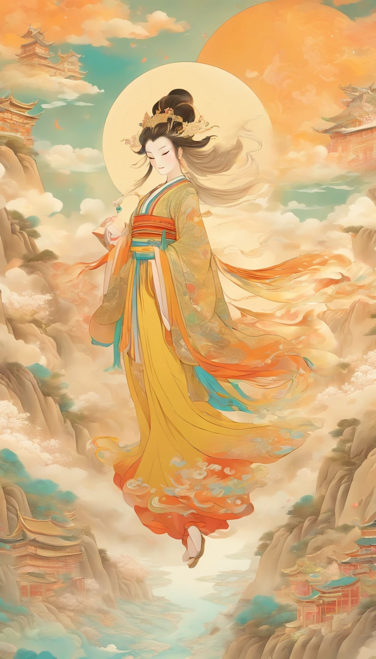 Wall paintings,Ultra-high sharpness,themoon,Grandiose scenes,Colorful colorful,Bright colors,A beautiful woman wearing a yellow silk hanfu and a gold round headdress,The facial features are delicate and beautiful,Riding on the white deer,White deer feet step on colorful clouds,Dunhuang murals,