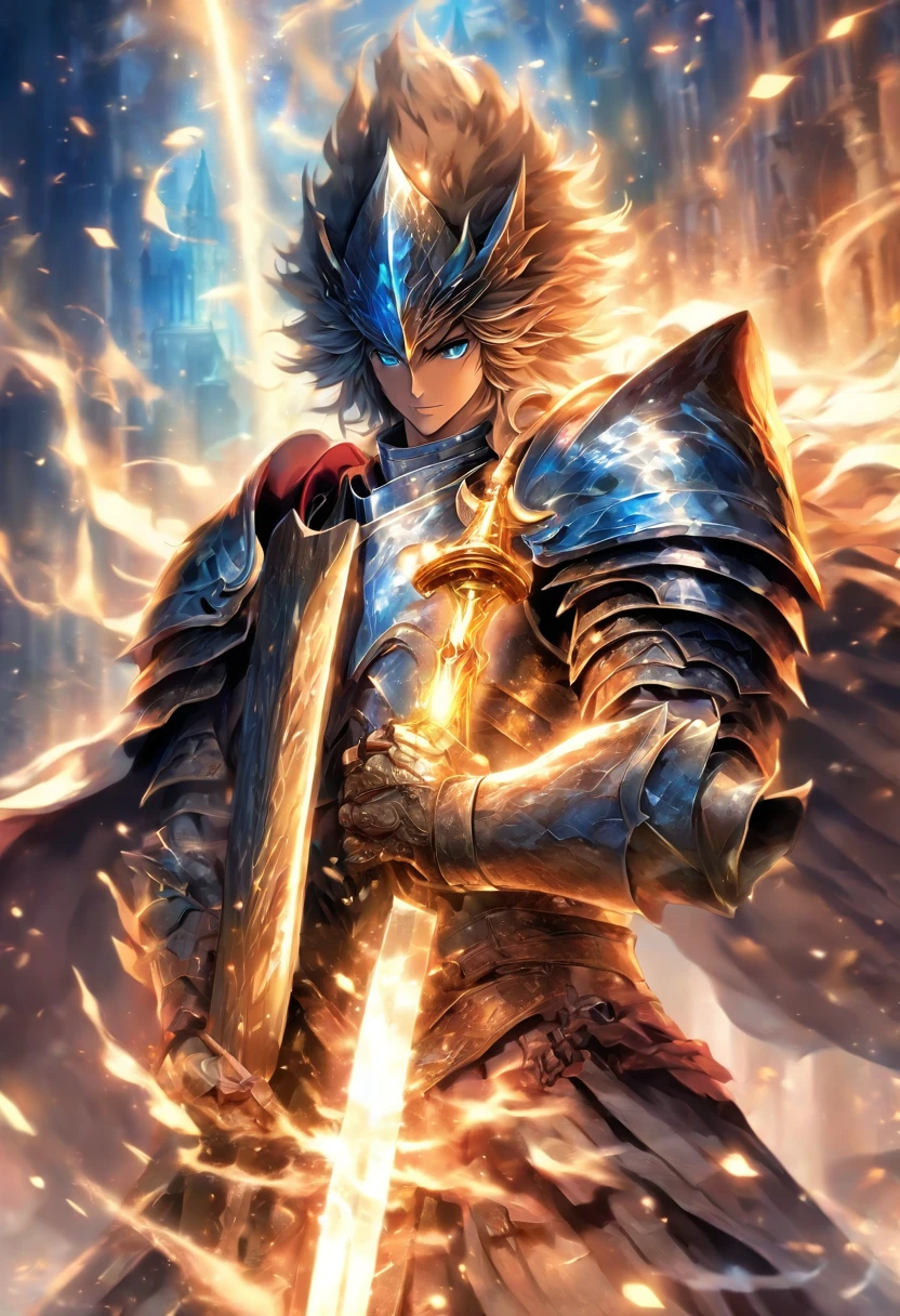 In a world of magic and dragons, a knight stands out with his modern suit of silver-plated armor. His brown hair is neatly combed, and his blue eyes shine with determination. He holds a war hammer in one hand and a shield in the other, ready to face any challenge. His cape, adorned with golden trim, adds a touch of elegance to his otherwise battle-ready appearance.