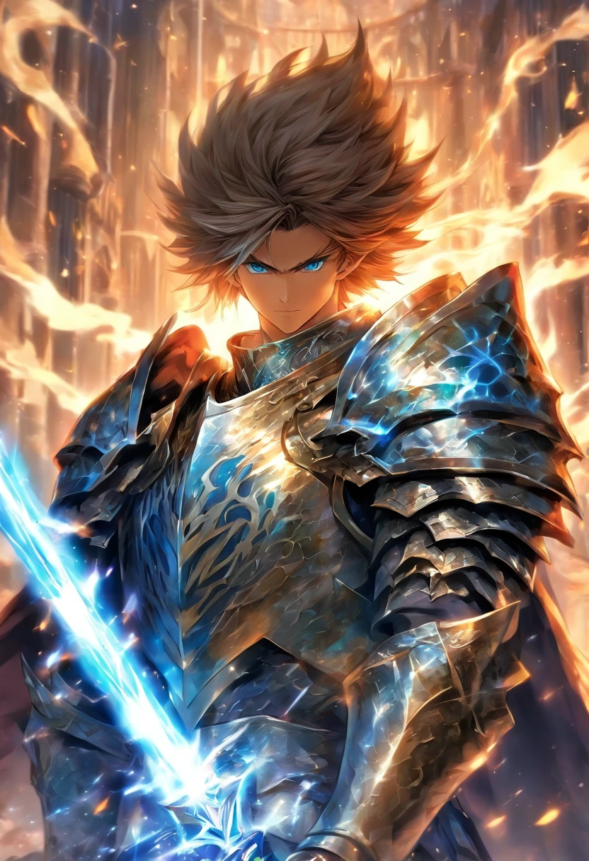 In a world of magic and dragons, a knight stands out with his modern suit of silver-plated armor. His brown hair is neatly combed, and his blue eyes shine with determination. He holds a war hammer in one hand and a shield in the other, ready to face any challenge. His cape, adorned with golden trim, adds a touch of elegance to his otherwise battle-ready appearance.
