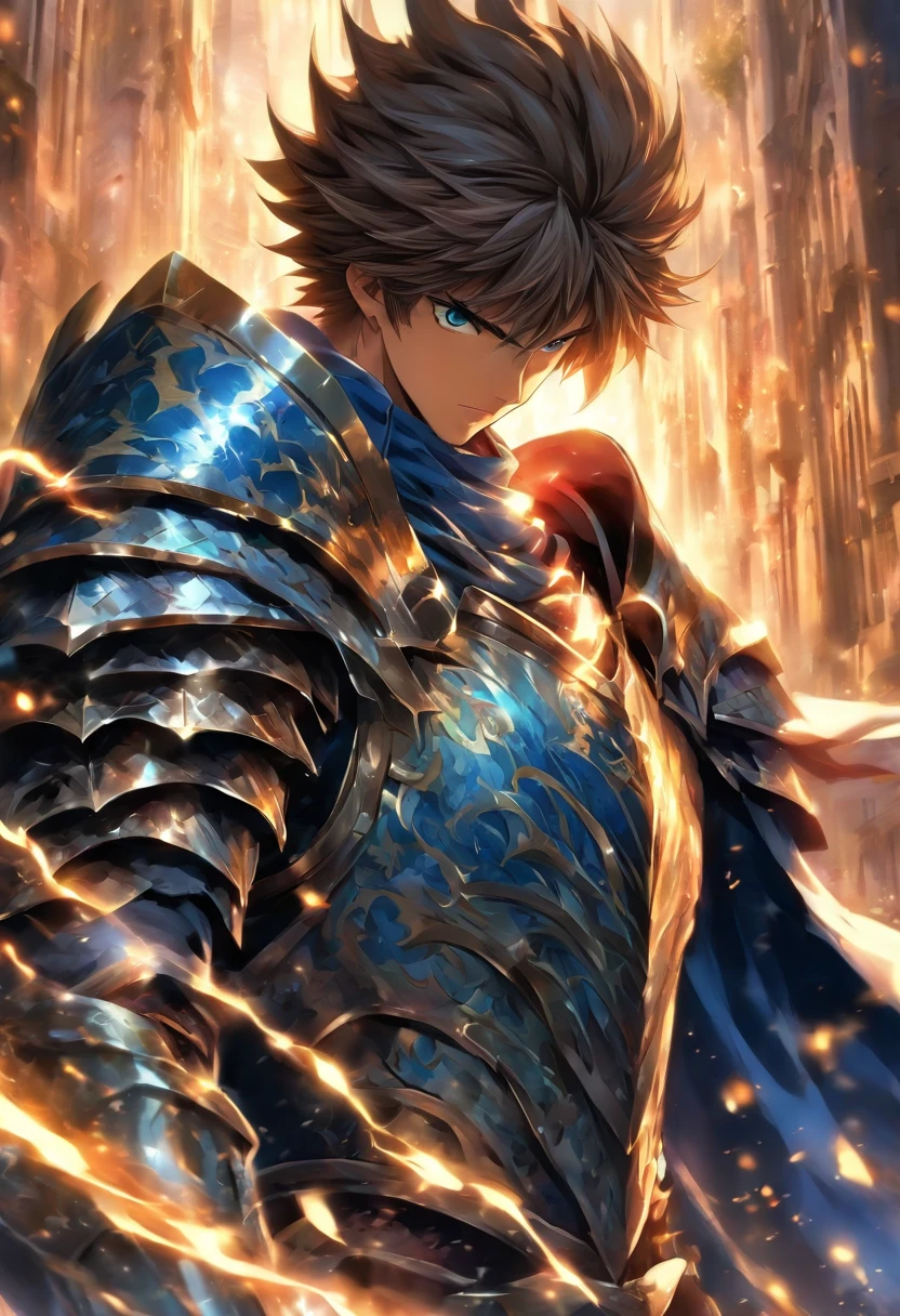 In a world of magic and dragons, a knight stands out with his modern suit of silver-plated armor. His brown hair is neatly combed, and his blue eyes shine with determination. He holds a war hammer in one hand and a shield in the other, ready to face any challenge. His cape, adorned with golden trim, adds a touch of elegance to his otherwise battle-ready appearance.