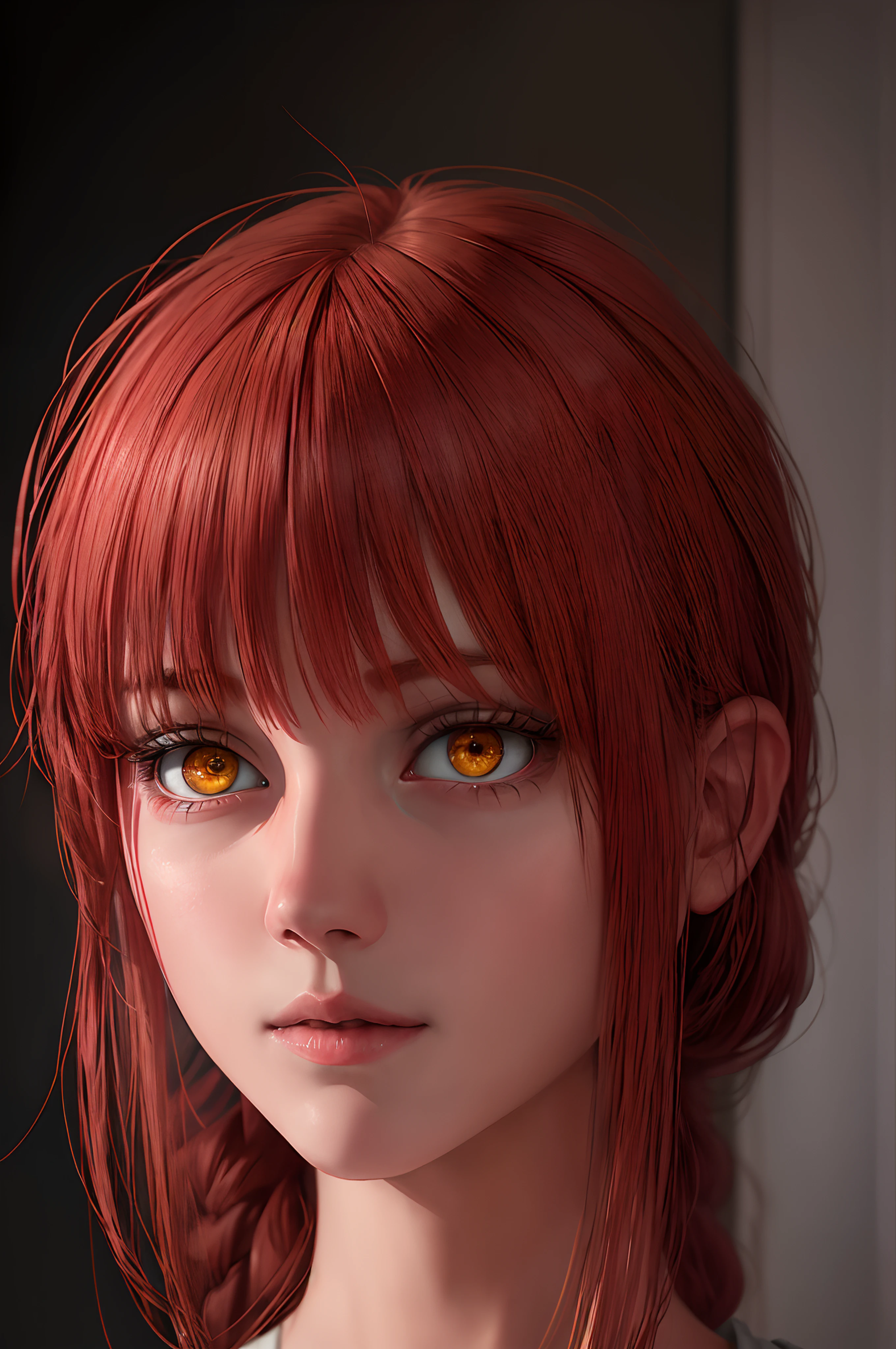 girl with, star eye, blush, Perfect Illumination, Red hair, Red Eyes, , side lights, Detailed face, Bangs, bright skin, Simple background, Dark background,Makima,,red pupils,A slight smil,beautiful round eyes,Red pupil,Yellow eyes,Beautifully trimmed hair,Photorealsitic,超A high resolution,Round eyeballs,top-quality,Digital SLR,Beautiful detailed eyes,Beautiful hair