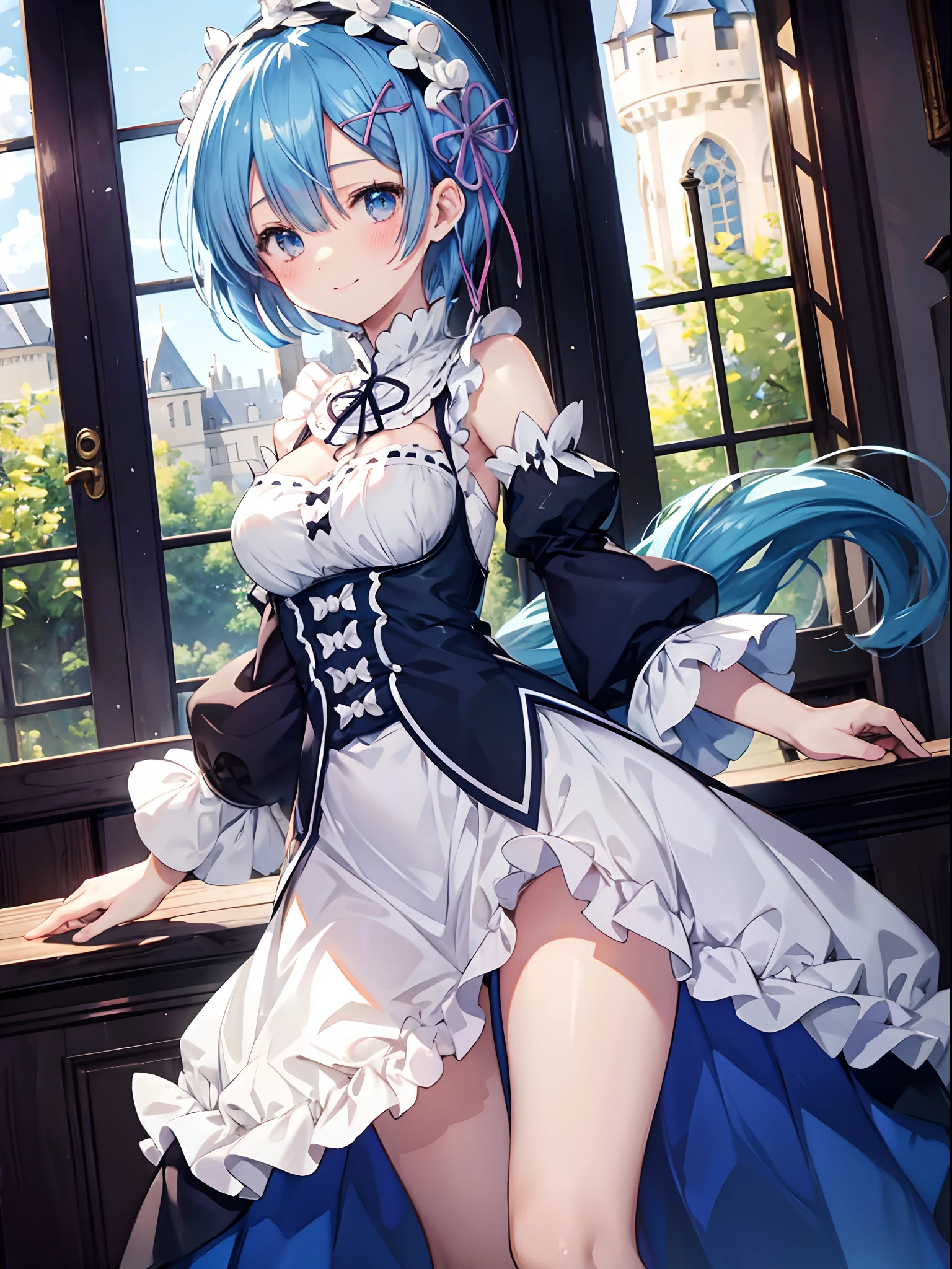 blue hair, rem \(re:zero\), [smile], blush, castle,, masterpiece, best quality, perfect lighting, 1girl, skirt, medium breasts,