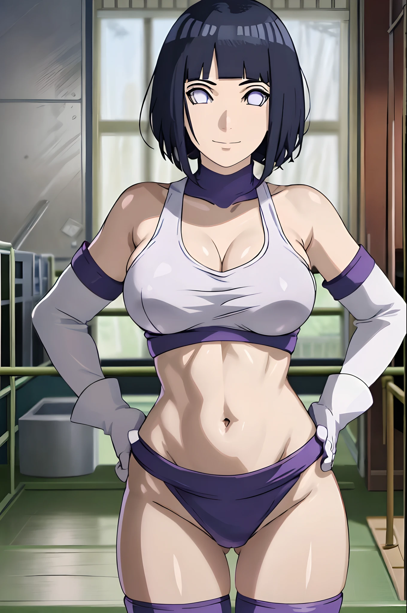 (ultra detailed body, ultra detailed face), ((solo, 1 girl)), anime style, hires, ((wrestling stage, (children watching))), (hinata\(boruto\), (female wrestler), (slender body, broad shoulders), mature woman, milf, (shirt, ultra detailed pro wrestling gear, long gloves), extremely gorgeous, (smile, closed mouth), (pale skin, shiny skin, lighting and shadow), (dark blue hair color:1.1), wavy hair, ((short hair, hime cut), big breasts, ((hands on hips)), (long belly), (very seductive), (perfect eyes, white sciera, bright eyes, white eyes, anime eyes)