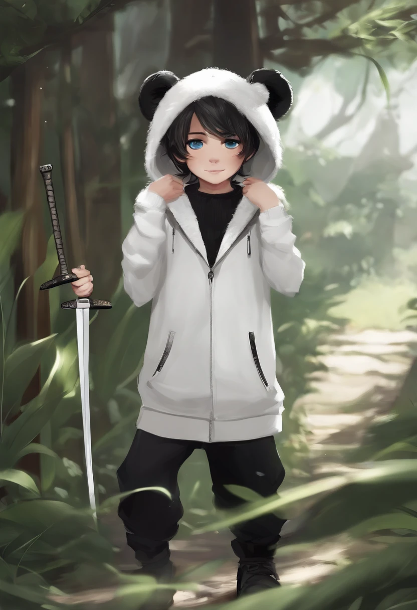 One Boy, cute smile, Blue eyes,hair black mixed white messy,White Techware  long big black mixed white long colored sweater,tear drop,Viewer's Eye Line,Black skinny pants,Panda ears, cyberpunked, is standing cool pose, baby-face, cute little, with bamboo sword