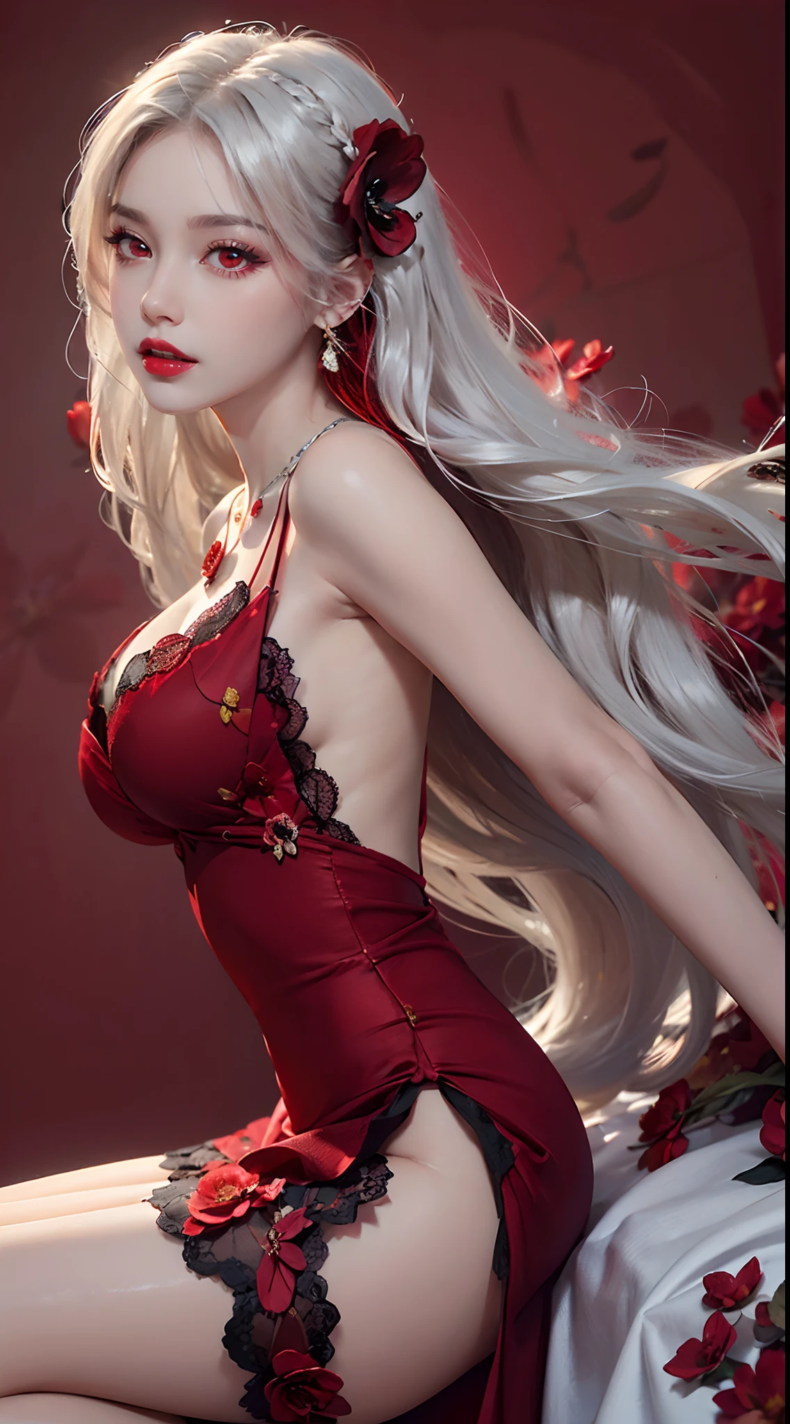 A beautiful and sexy 20 year old girl, ((wearing a super thin red dress:1.8)), dress with diamonds, ((long platinum hair:1.6)), bangs, elaborate jewelry made from stones noble and beautiful hair, ( (wearing black lace necklace:1.4))), noble, noble style of an extremely beautiful girl, super cute small face, very pretty face, eyebrows sparse, beautiful, flawless face, ((black eye pupils: 0.8) )), very beautiful eyes, ((light red eyes: 1.5)), beautiful makeup and hair, detailed eyelashes, makeup wet eyes, high nose, earrings, red lips, ((closed mouth: 1;5 )) beautiful lips, slim hands, most beautiful thighs, ((arms spread out to the sides: 1.5) ), pink face proud, clean face, flawless beautiful face, smooth white skin, (big breasts: 1.5)), ((high breasts: 1.6) ), firm breasts, beautiful cleavage, (((big and super breasts round: 1.8))), ((super tight breasts: 1.7)) , beautiful breasts, back sleeves, exposed chest, thin black mesh stockings with black lace border, perfect body, 8k photo, super high quality, super realistic, super 10x pixels, optical study, light studio, edge light, two-tone light, (high detail skin:1.2), super 8k, soft light, high quality, volumetric light, optical, high resolution optical , lighting, best photo, 4k, 8k quality, blur effect, smooth sharpness, 10 x pixels, ((red flower background:1.7)), aurora, lightning, super realistic graphics, map most realistic painting, alone, solo, extremely sharp image, surreal, upper body girl, (((frontal portrait: 1.6)))."