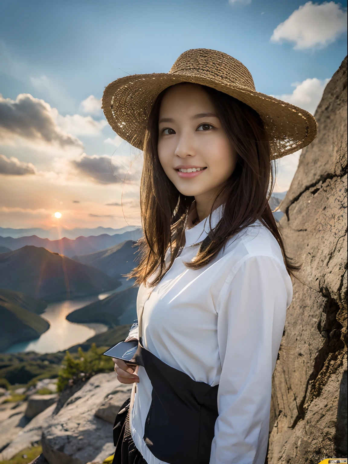 Single-person tent:1.37, (​masterpiece、top-quality、8k wallpaper、hight resolution、hyperrealistic scenery, Photorealsitic:1.37)、1girl in、独奏、18year old、Dainty Japan Woman,Looking at Viewer, Standing, open arms, Lifelike face、luslous skin、The angle is a bit far, Slender body type:1.1、Black eye、(Hiking pants, Collared shirts should be worn loosely、Keep the hem of your shirt on the outside of your pants:1.37)、Carrying a backpack:1.2、Mountain girl style、I like mountain climbing, mountaineer, Beautiful sunset on background、Trekking Shoes、A detailed face、A detailed eye、Detailed nose、Detailed mouth、Happy smile、Orange sunset