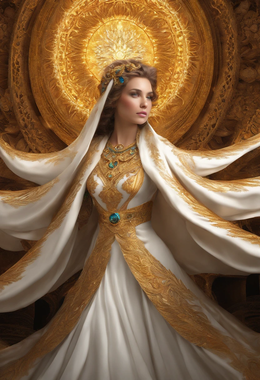 (Masterpiece, Top quality, Best quality, offcial art, Beautiful and aesthetic:1.2), (1girll), extreme detailed eyes, (Fractal art:1.3), Colorful, highest details, (Perfect face), Shiny skin, hdr, (white cloak golden lines:1.2), milky ways, (light stre), striking visual effects, (dynamic streaks, luminous trails:1.2), Vibrant colors, (Phoenix), (Dragon)