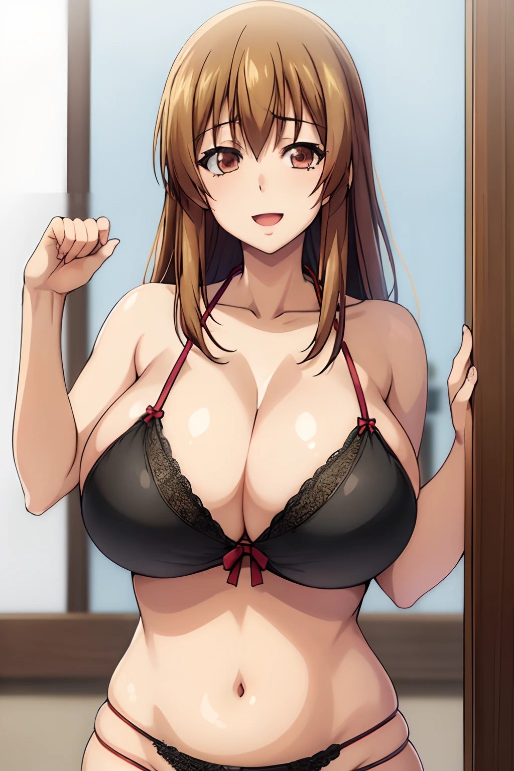 best quality, (masterpiece:1.2), highly detailed, 1girl, kotegawa nanaka, bra, panties, lingerie, looking at viewer, slight smile, open mouth, brown eyes, brown hair, long hair, bikini, (huge tits), cleavage, busty, fullbody, at room,