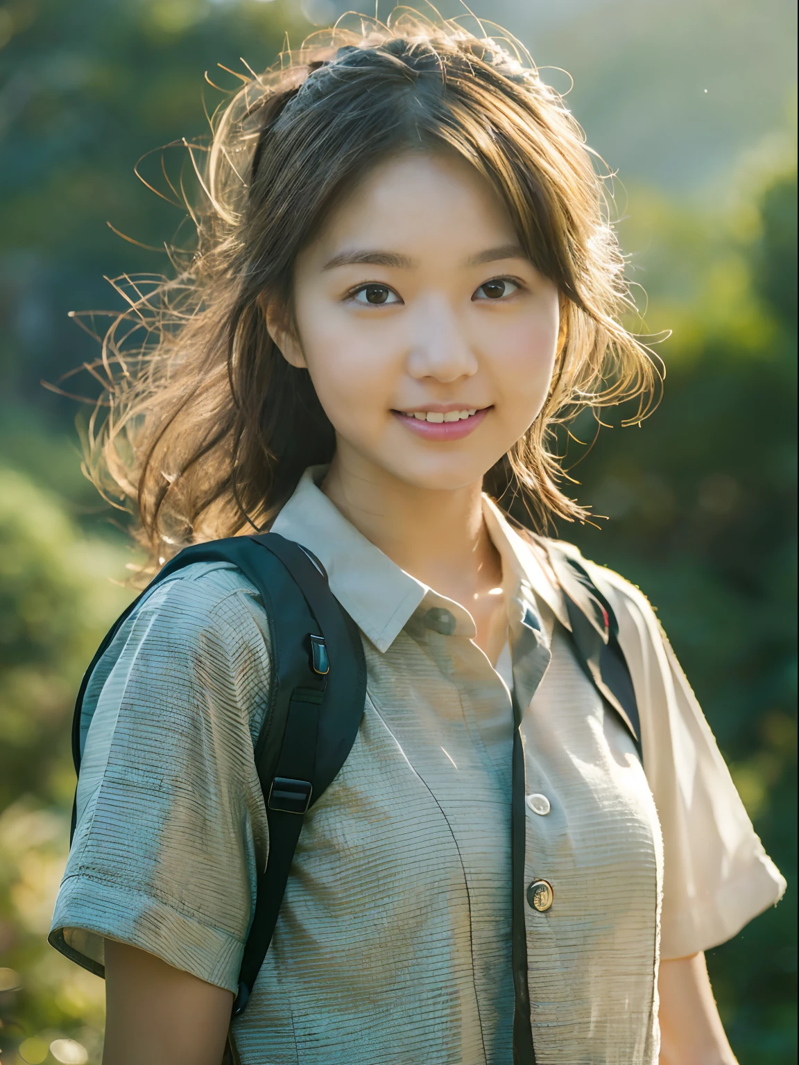 Single-person tent:1.37, (masterpiece、top-quality、8k wallpaper、hight resolution、hyperrealistic scenery, Photorealsitic:1.37)、1girl in、独奏、18year old、Dainty Japan Woman,Looking at Viewer, Standing, open arms, Lifelike face、luslous skin、The angle is a bit far, Slender body type:1.1、Black eye、(Hiking pants, Wear a collared shirt loosely、Keep the hem of your shirt on the outside of your pants:1.37)、Carrying a backpack:1.2、Mountain girl style、I like mountain climbing, mountaineer, Beautiful sunset on background、Trekking Shoes、A detailed face、A detailed eye、Detailed nose、Detailed mouth、Happy smile