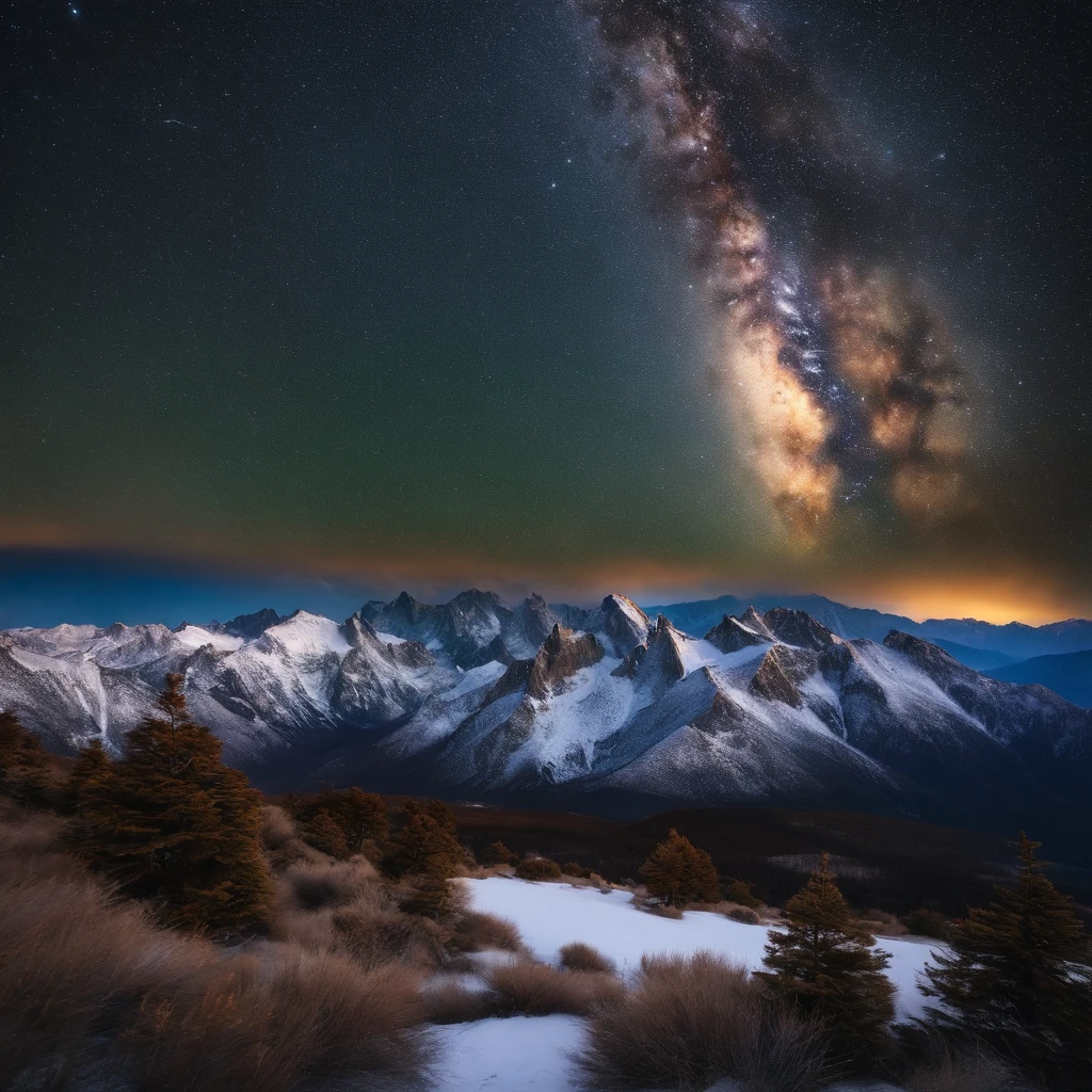 Master Parts、Superior Quality、superior image quality、The 8k quality、Beautiful pictures of the starry sky、magnifica、Arched Milky Way:1.9、snow mountains