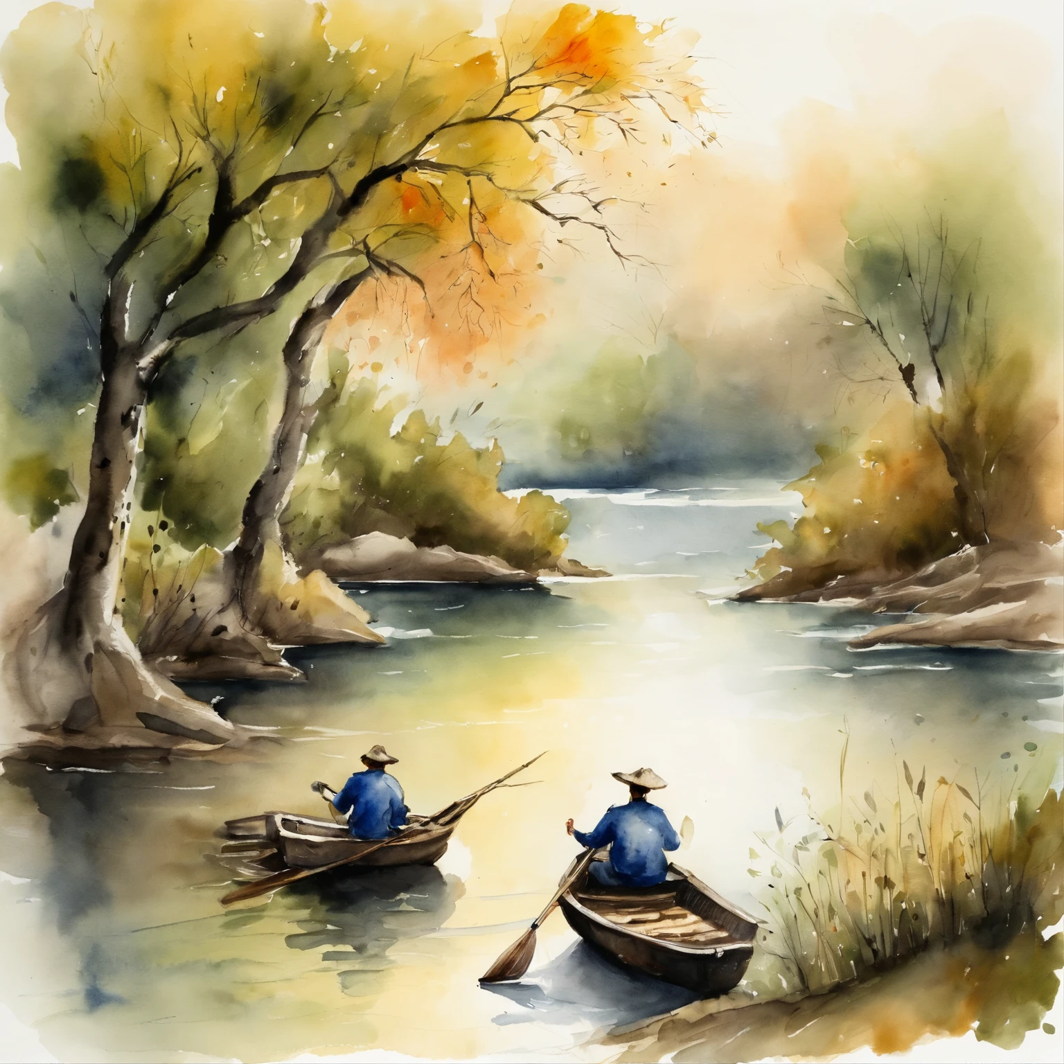 A father and son sit in a small boat,Small boats rowing on the river,Willow trees on both sides,fishing, chinese ink brush
