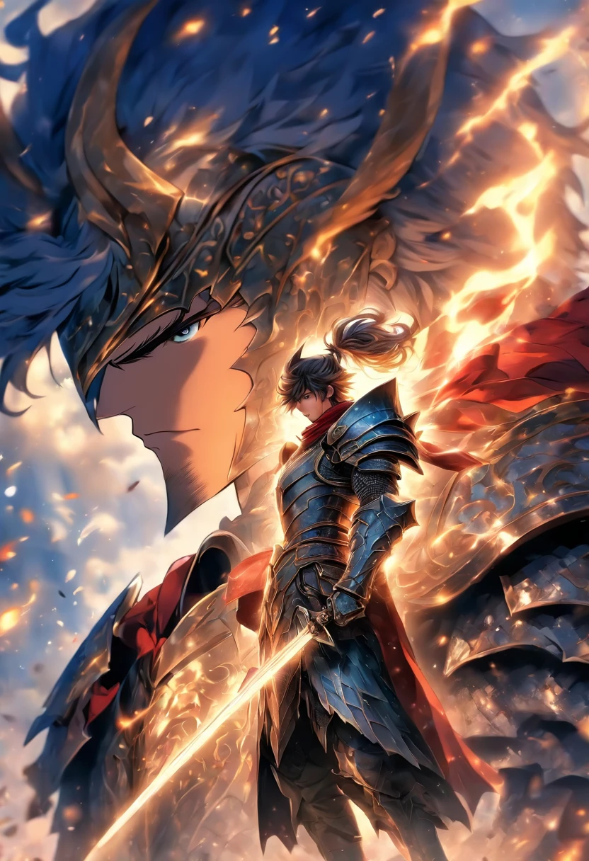 In a world of magic and dragons, a knight stands out with his modern suit of silver-plated armor. His brown hair is neatly combed, and his blue eyes shine with determination. He holds a war hammer in one hand and a shield in the other, ready to face any challenge. His cape, adorned with golden trim, adds a touch of elegance to his otherwise battle-ready appearance.