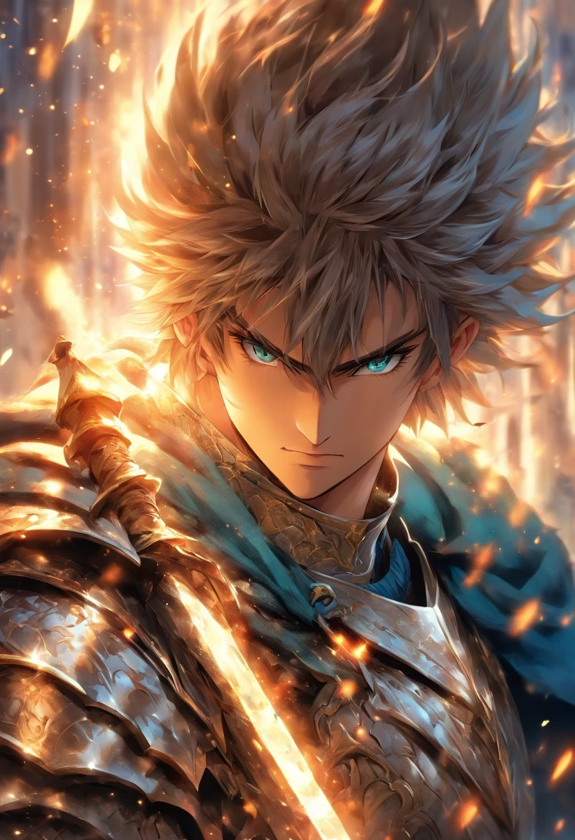 In a world of magic and dragons, a knight stands out with his modern suit of silver-plated armor. His brown hair is neatly combed, and his blue eyes shine with determination. He holds a war hammer in one hand and a shield in the other, ready to face any challenge. His cape, adorned with golden trim, adds a touch of elegance to his otherwise battle-ready appearance.