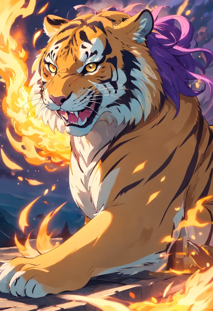 sabertooth tiger，The head is covered with armor，Has a pair of long teeth，The back quilt has three tails，Blue-purple gradient body，The body emits flames