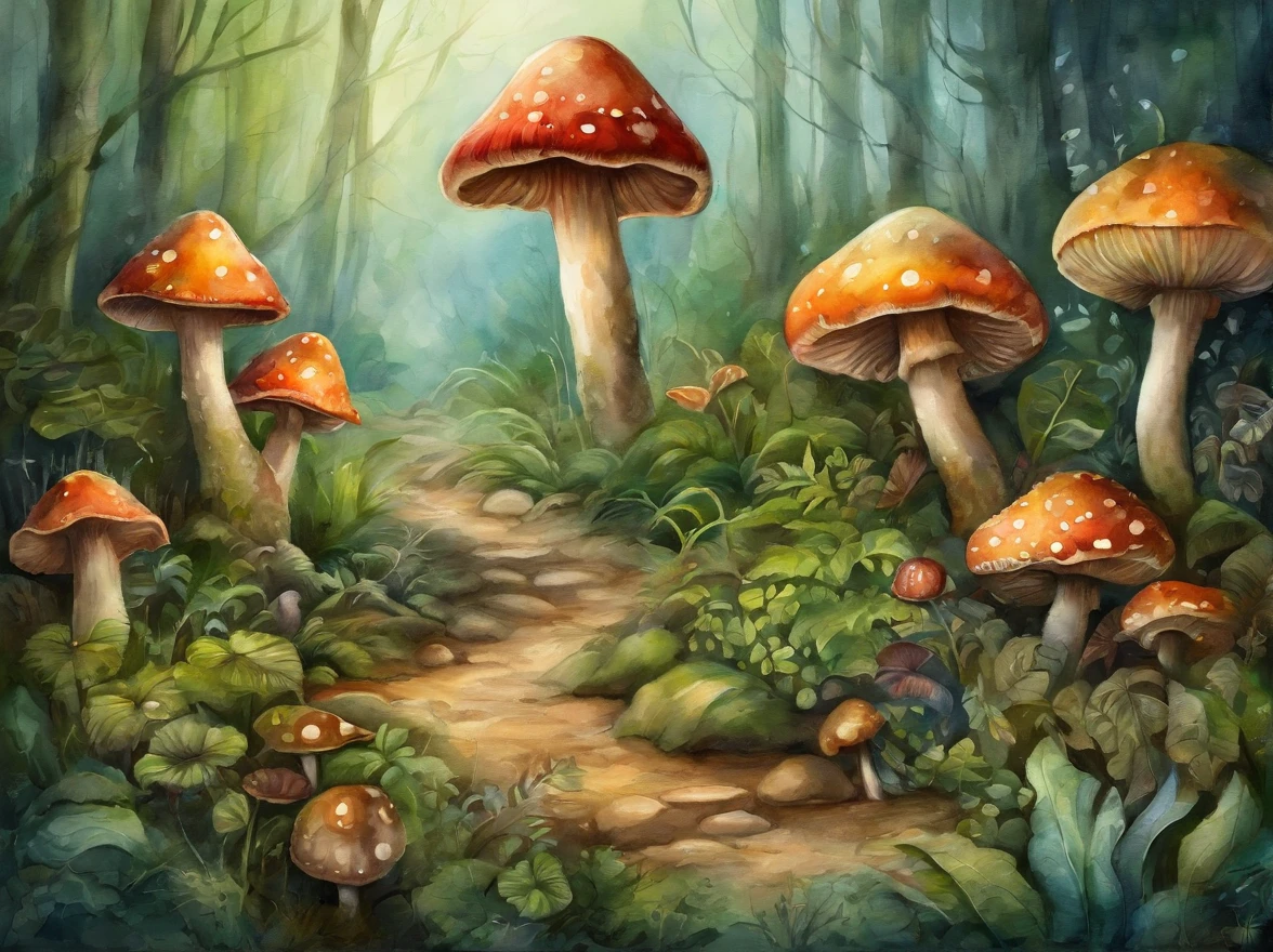 cogumelo trippy，Mushroom forest，Fantastic effect，Rainforest woods，a plant，(Masterpiece, Best quality), Intricate details, 8K, art  stations, offcial art, Splash Art, Sharp focus,,