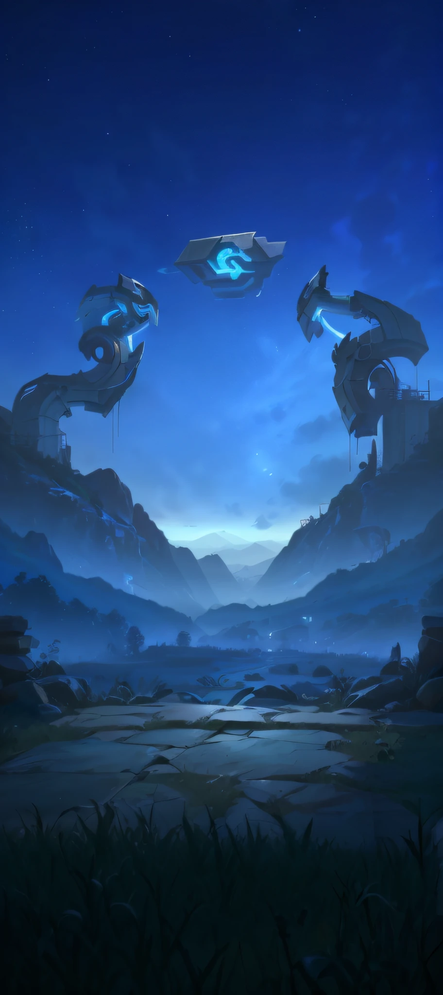 nighttime scene,Forest mountains,lawns,Stone platform,background-image,league of legends art style,unreal engine rendered