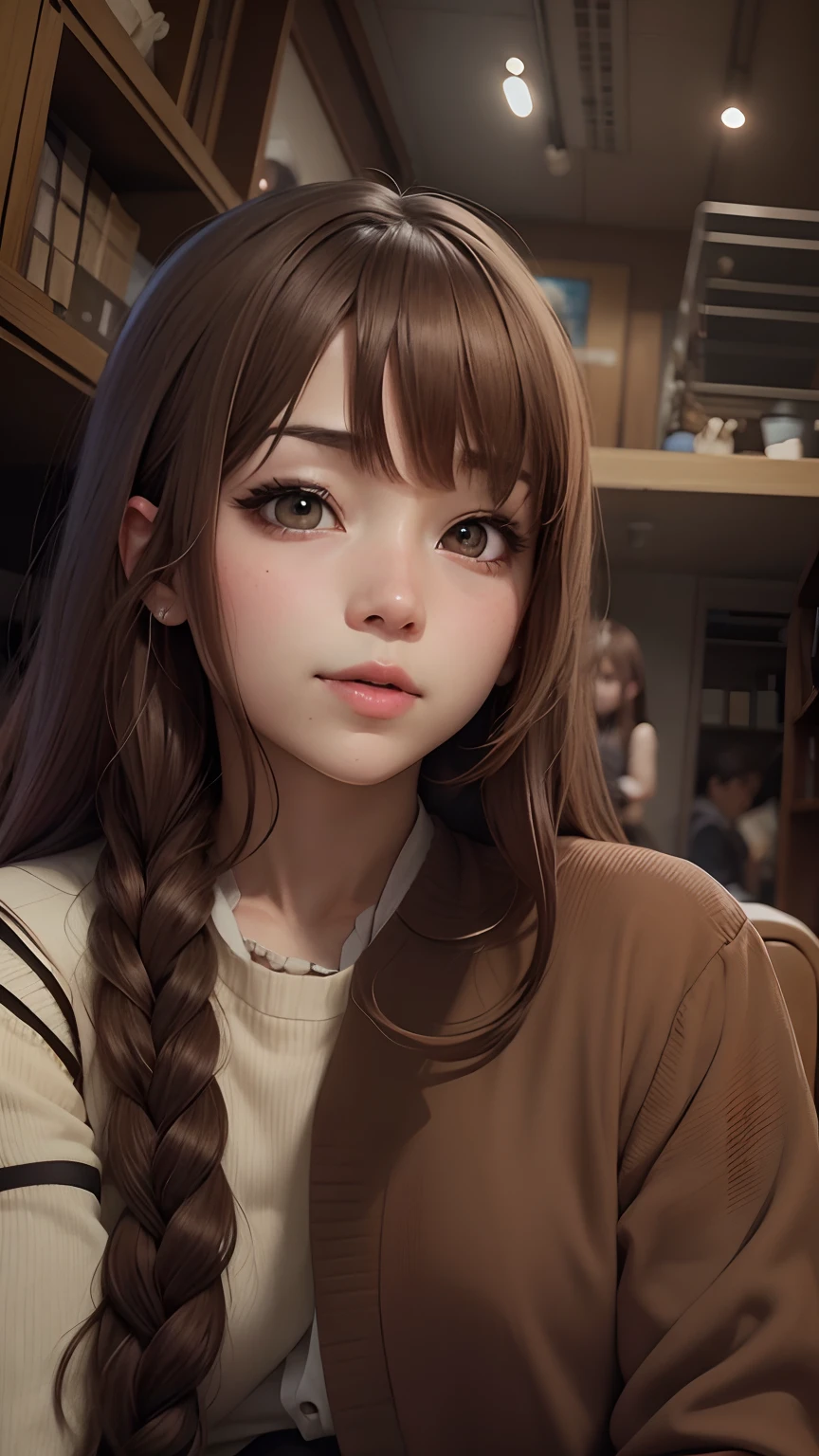 masutepiece, Best Quality, 1girl in, ((Looking at Viewer)), , Sweaters, Large breasts,Do-up、Angle from directly above、A detailed face、Moist eyes、Face looking up、Upper body view、first person camera、Close to the camera