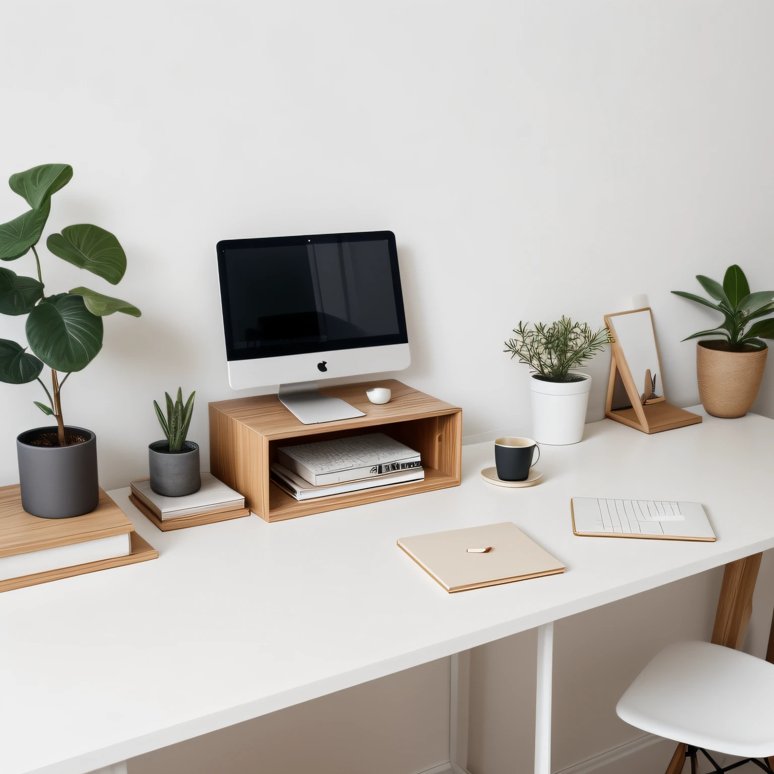 "Imagine a minimalist, aesthetic and small workspace, com cores neutras, clean lines and an organized layout, promoting a sense of calm and focus for daily tasks. With a coffee on the desk."