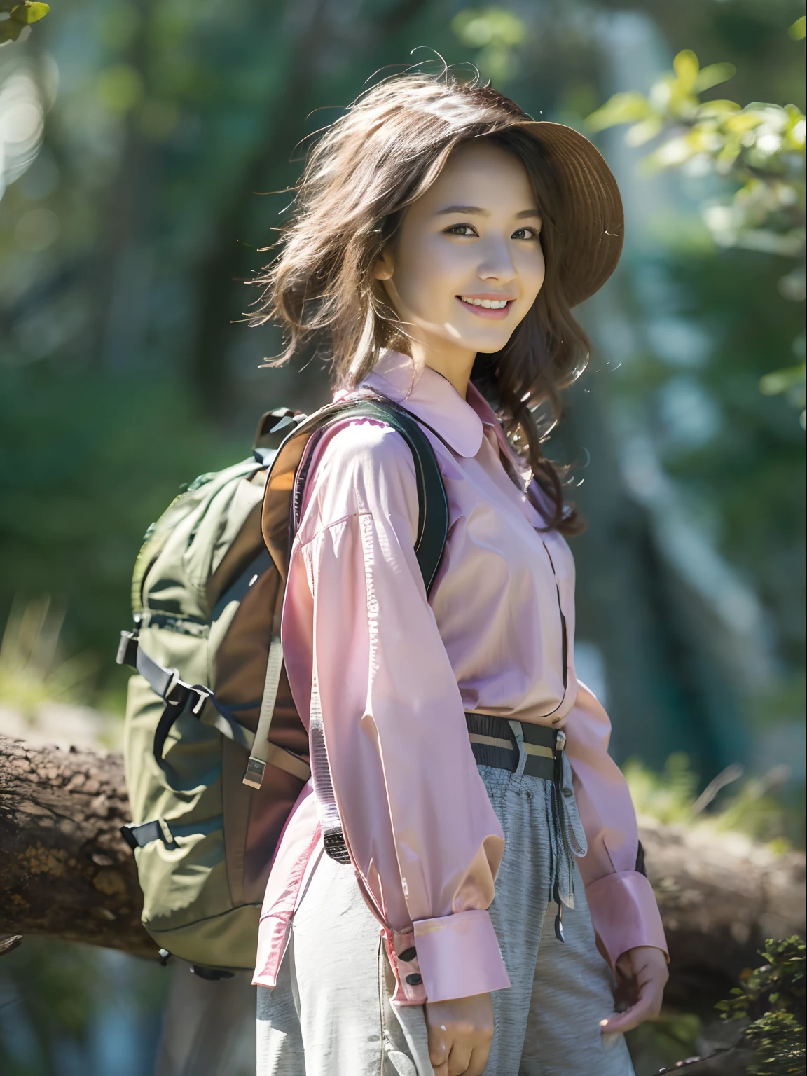 Single-person tent:1.37, (​masterpiece、top-quality、8k wallpaper、hight resolution、hyperrealistic scenery, Photorealsitic:1.37)、1girl in、独奏、18year old、Dainty Japan Woman,Looking at Viewer, Standing, open arms, Lifelike face、luslous skin、The angle is a bit far, Slender body type:1.1、Black eye、(Hiking pants, Wear a collared shirt loosely、Keep the hem of your shirt on the outside of your pants:1.37)、Carrying a backpack:1.2、Mountain girl style、I like mountain climbing, mountaineer, Beautiful sunset on background、Trekking Shoes、A detailed face、A detailed eye、Detailed nose、Detailed mouth、Happy smile