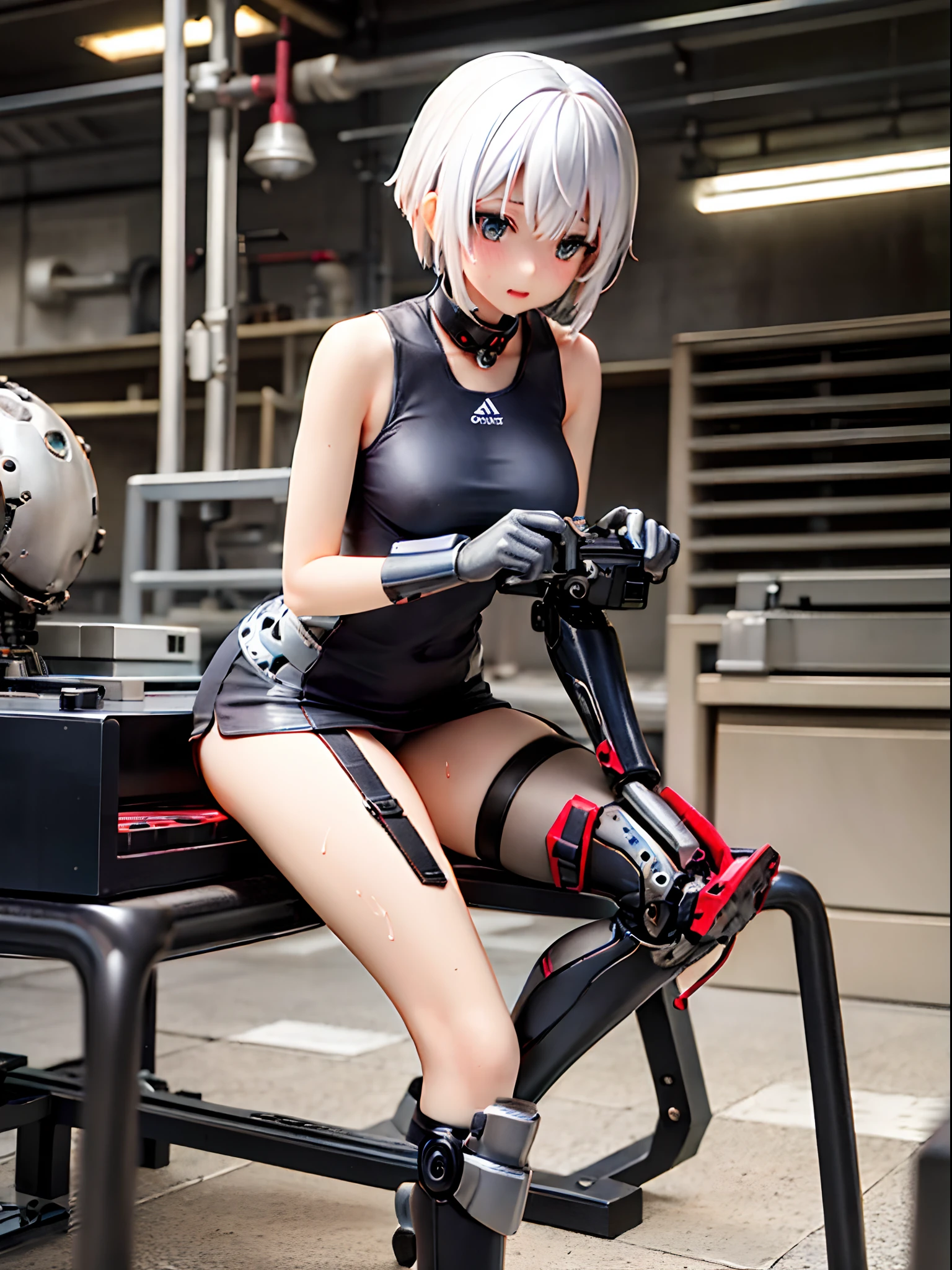 Girl with short-cut silver hair, mechanical headwear, working on robotics in a machine shop, tank top, sweat, mechanical gloves, mechanical prosthetic leg, The upper half of the body is flesh and blood, the lower half is mechanical,