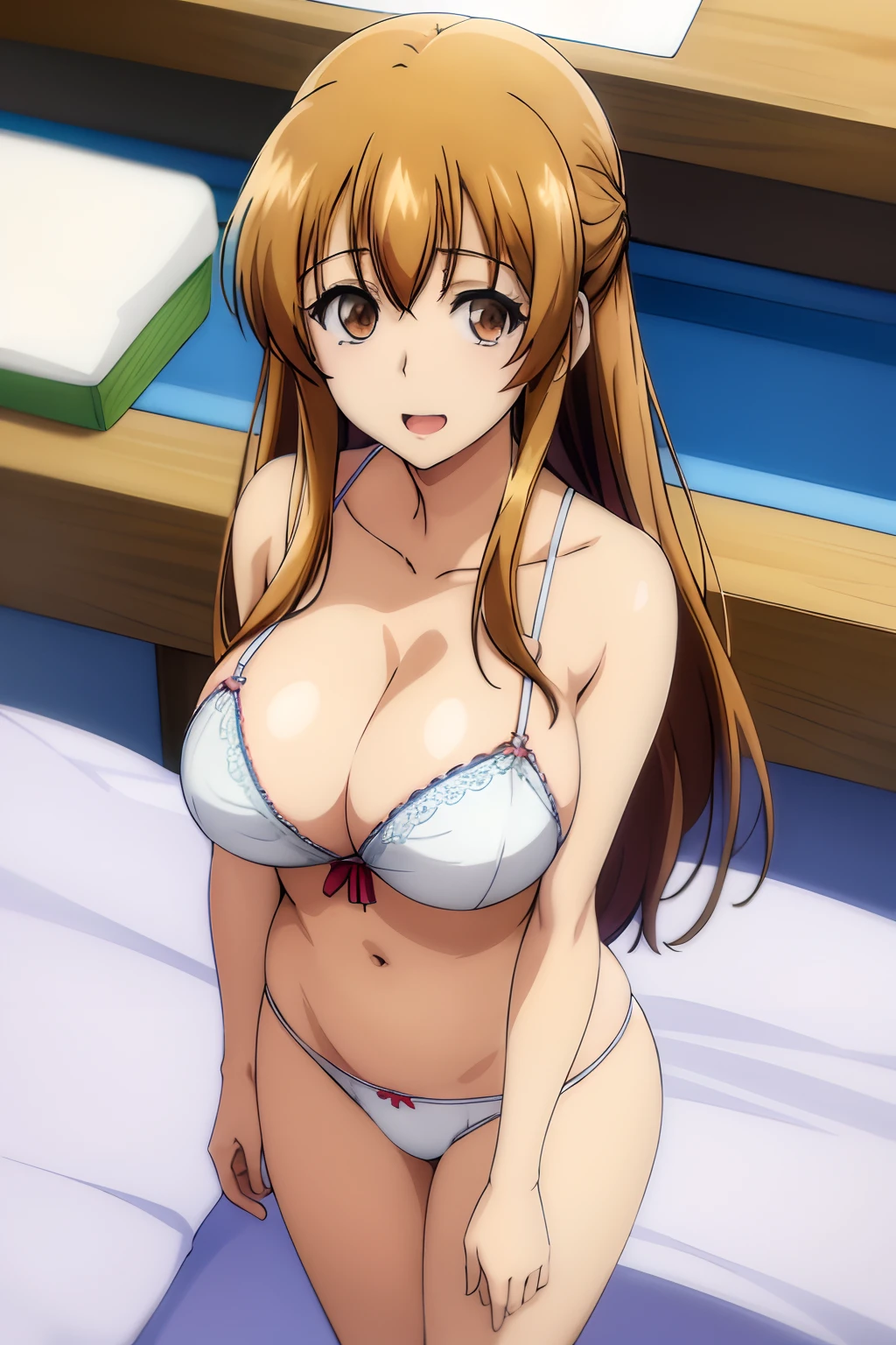 best quality, (masterpiece:1.2), highly detailed, 1girl, kotegawa nanaka, white bra, white panties, lingerie, looking at viewer, slight smile, open mouth, brown eyes, brown hair, long hair, (huge tits), cleavage, busty, (fullbody), at room,