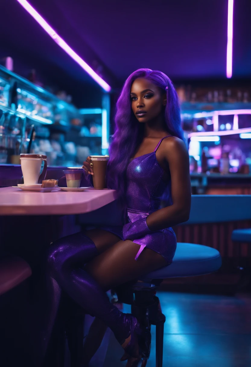 Futuristic girl, Dark skin, a purple eye, space, Purple hair, Blue hair, Pink hair, Long hair, Dark skin, Futuristic coffee shop