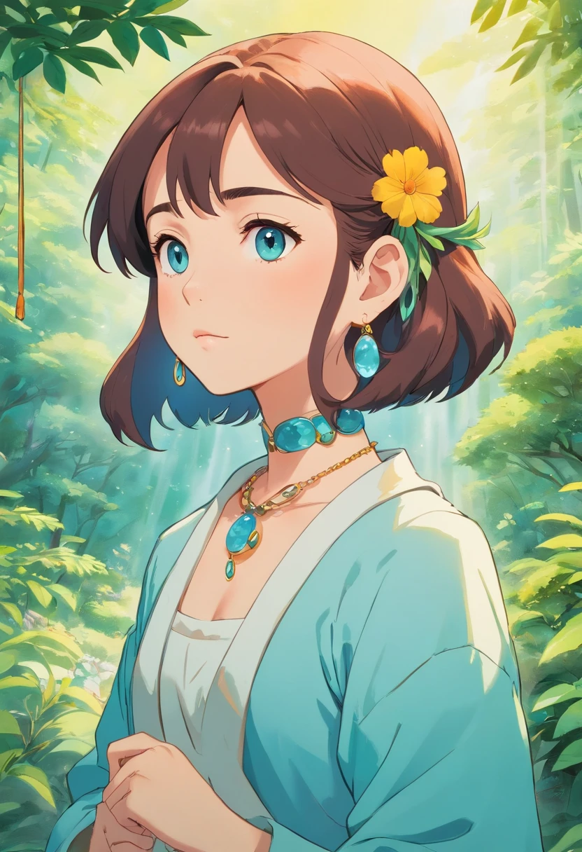 A girl wearing an anime collar, A long necklace and earrings, inthe style of tranquil gardenscapes, colorful animation stills, Masami Teraoka, aquamarine, Paul Gauguin, Amber style, Honest portrayal