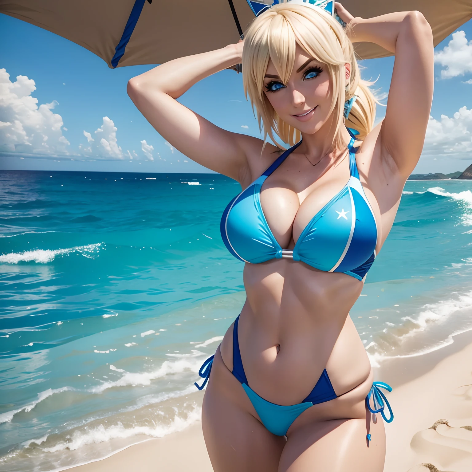 Jessica Nigri, blond, blue eyes, wearing swimsuit, looking excited,