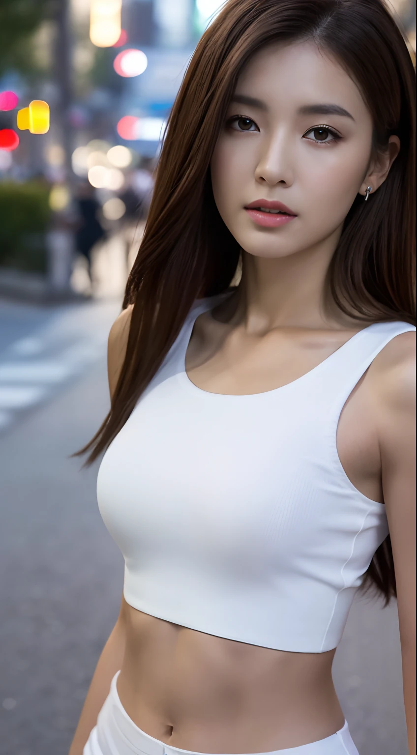((Realistic lighting, Best quality, 8K, Masterpiece: 1.3)), Clear focus: 1.2, 1girl, Perfect Figure: 1.4, Slim Abs: 1.1, ((Dark brown hair)), (White crop top: 1.4), (Outdoor, Night: 1.1), City streets, Super fine face, Fine eyes, Double eyelids,