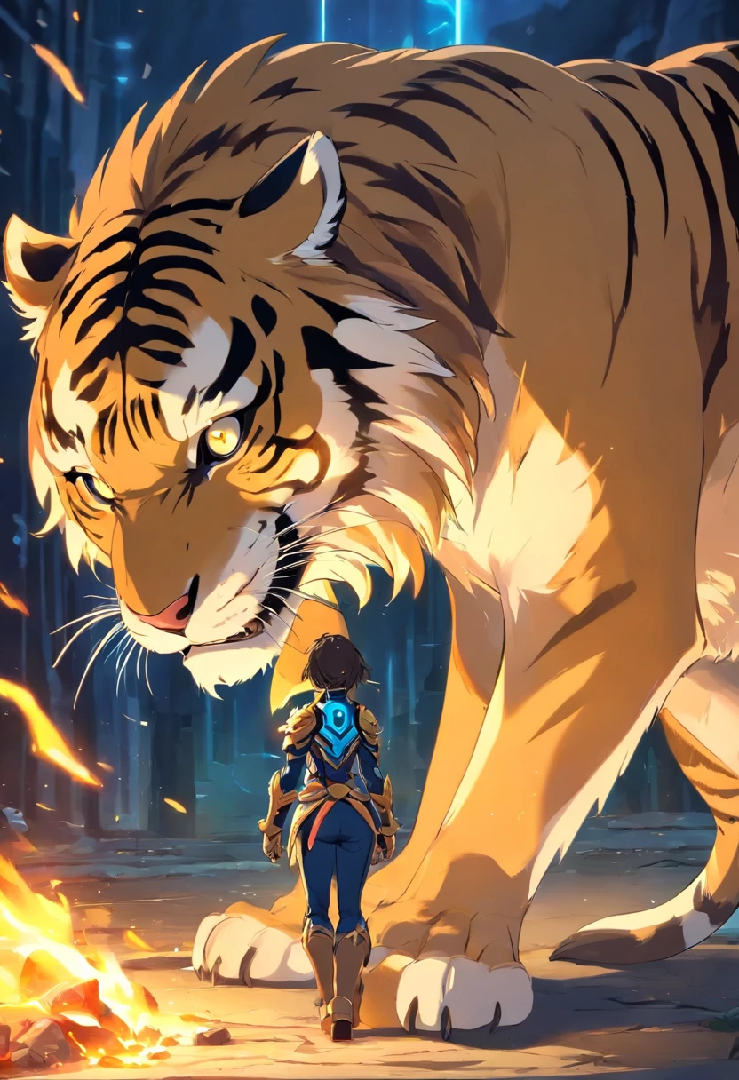 sabertooth tiger，The head is covered with armor，Has a pair of long teeth，The back quilt has three tails，Blue-purple gradient body，The body emits flames，standing on your feet，Whole body diagram，