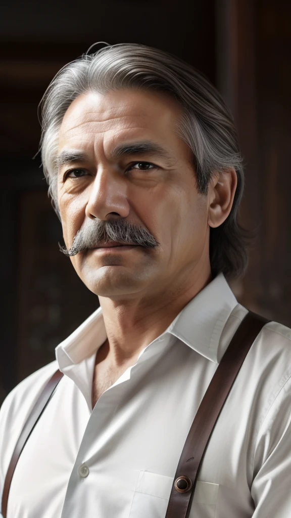 (the Extremely Detailed CG Unity 8K Wallpapers,masutepiece, Best Quality, Ultra-detailed), Gray background, 73-year-old male living in Japan, Stubborn 73-year-old man, white shirt, As for the hairstyle、With medium-length hair,、The flow behind is gentle。Hair does not fade、Be healthy and at the same time、Also gives an intellectual impression。Hair color is、in deep brown、Has a natural luster, There is a sense of cleanliness。His appearance is、Combines calm and intelligence、Apron, mustaches