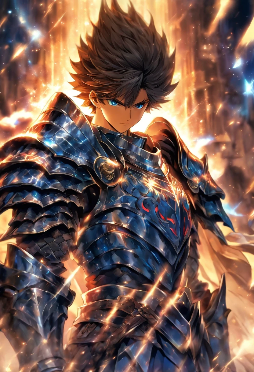 In a world of magic and dragons, a knight stands out with his modern suit of silver-plated armor. His brown hair is neatly combed, and his blue eyes shine with determination. He holds a war hammer in one hand and a shield in the other, ready to face any challenge. His cape, adorned with golden trim, adds a touch of elegance to his otherwise battle-ready appearance.